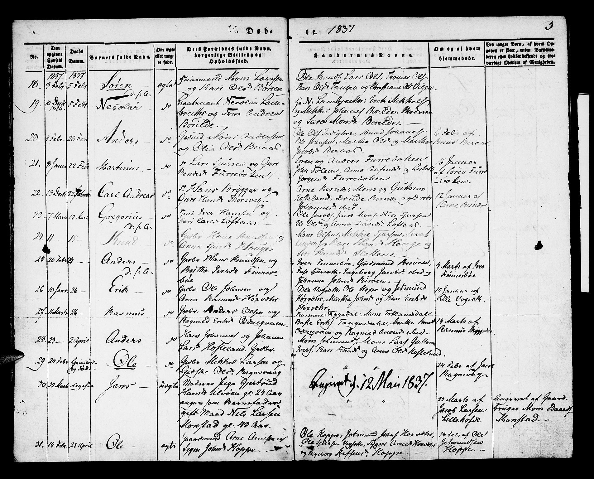 Lindås Sokneprestembete, AV/SAB-A-76701/H/Haa/Haaa/L0009: Parish register (official) no. A 9, 1835-1841, p. 3