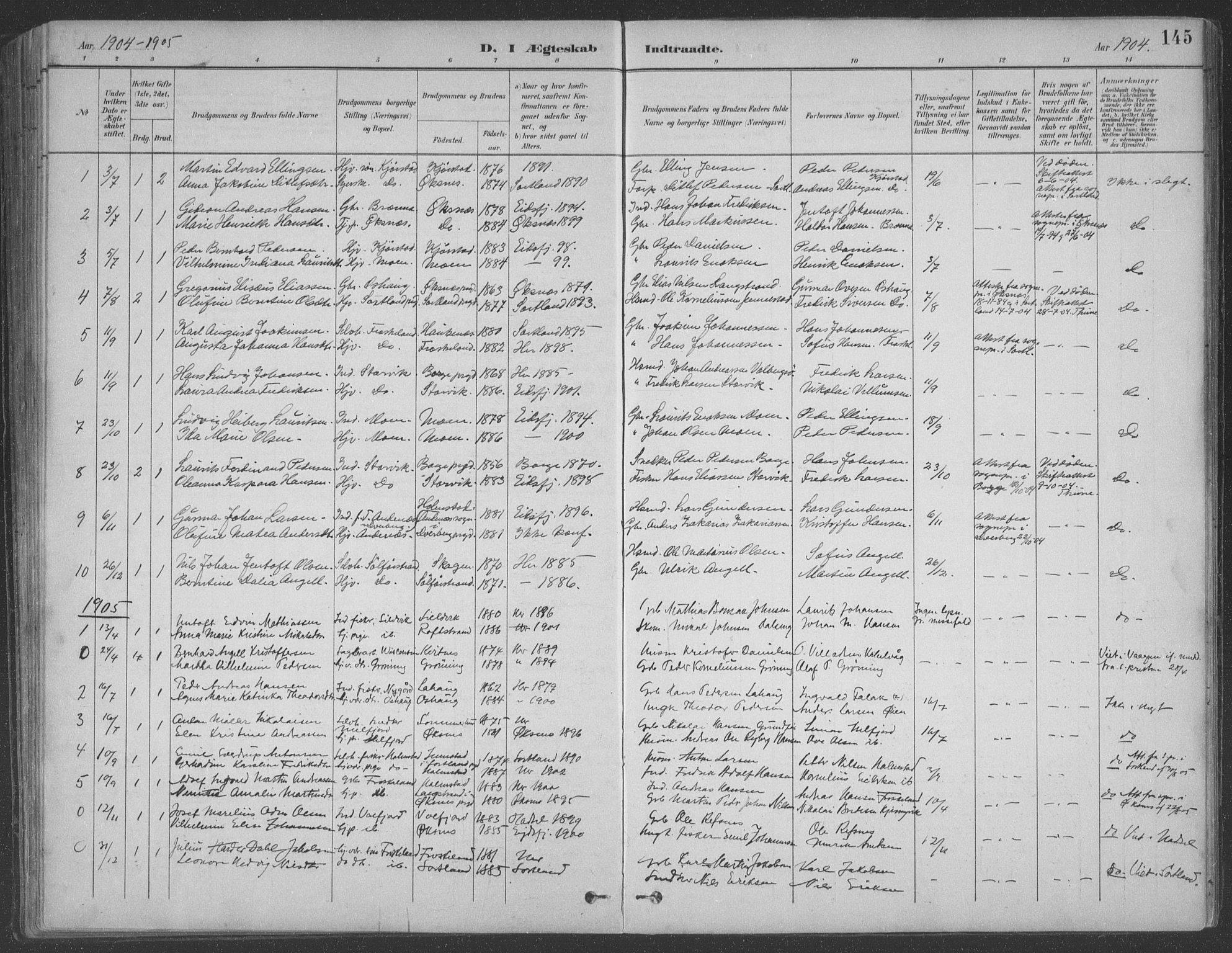 Ministerialprotokoller, klokkerbøker og fødselsregistre - Nordland, AV/SAT-A-1459/890/L1290: Parish register (copy) no. 890C01, 1882-1911, p. 145