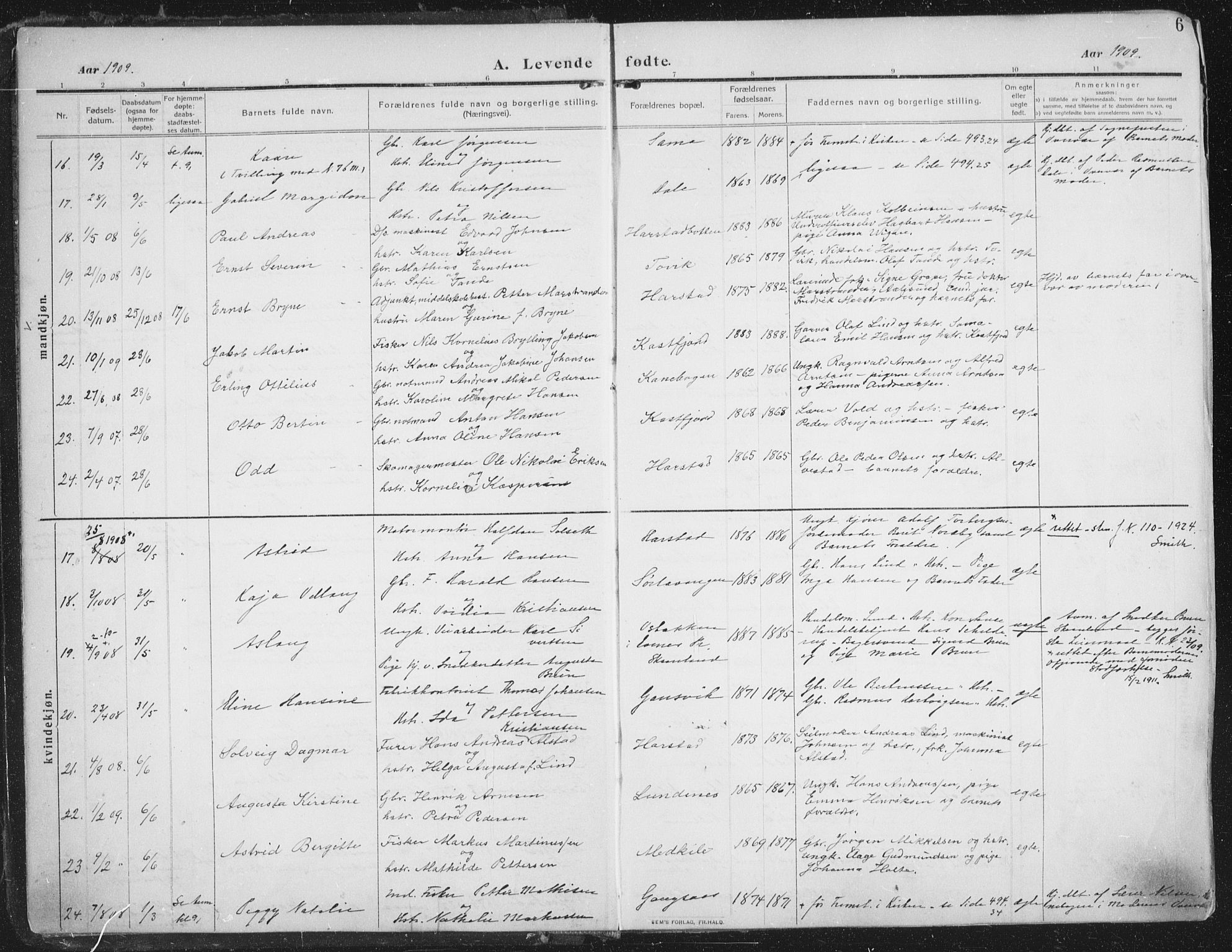 Trondenes sokneprestkontor, SATØ/S-1319/H/Ha/L0018kirke: Parish register (official) no. 18, 1909-1918, p. 6