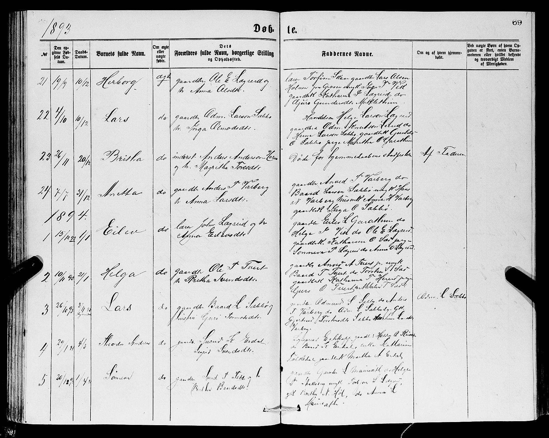 Ullensvang sokneprestembete, SAB/A-78701/H/Hab: Parish register (copy) no. C 2, 1871-1899, p. 69