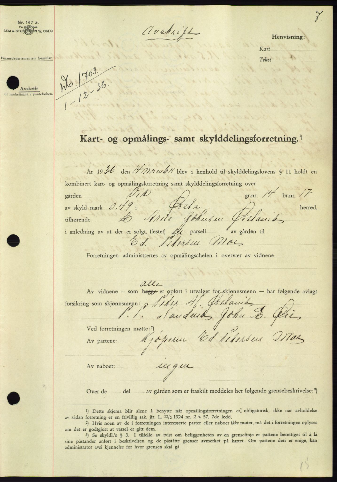 Søre Sunnmøre sorenskriveri, SAT/A-4122/1/2/2C/L0062: Mortgage book no. 56, 1936-1937, Diary no: : 1703/1936