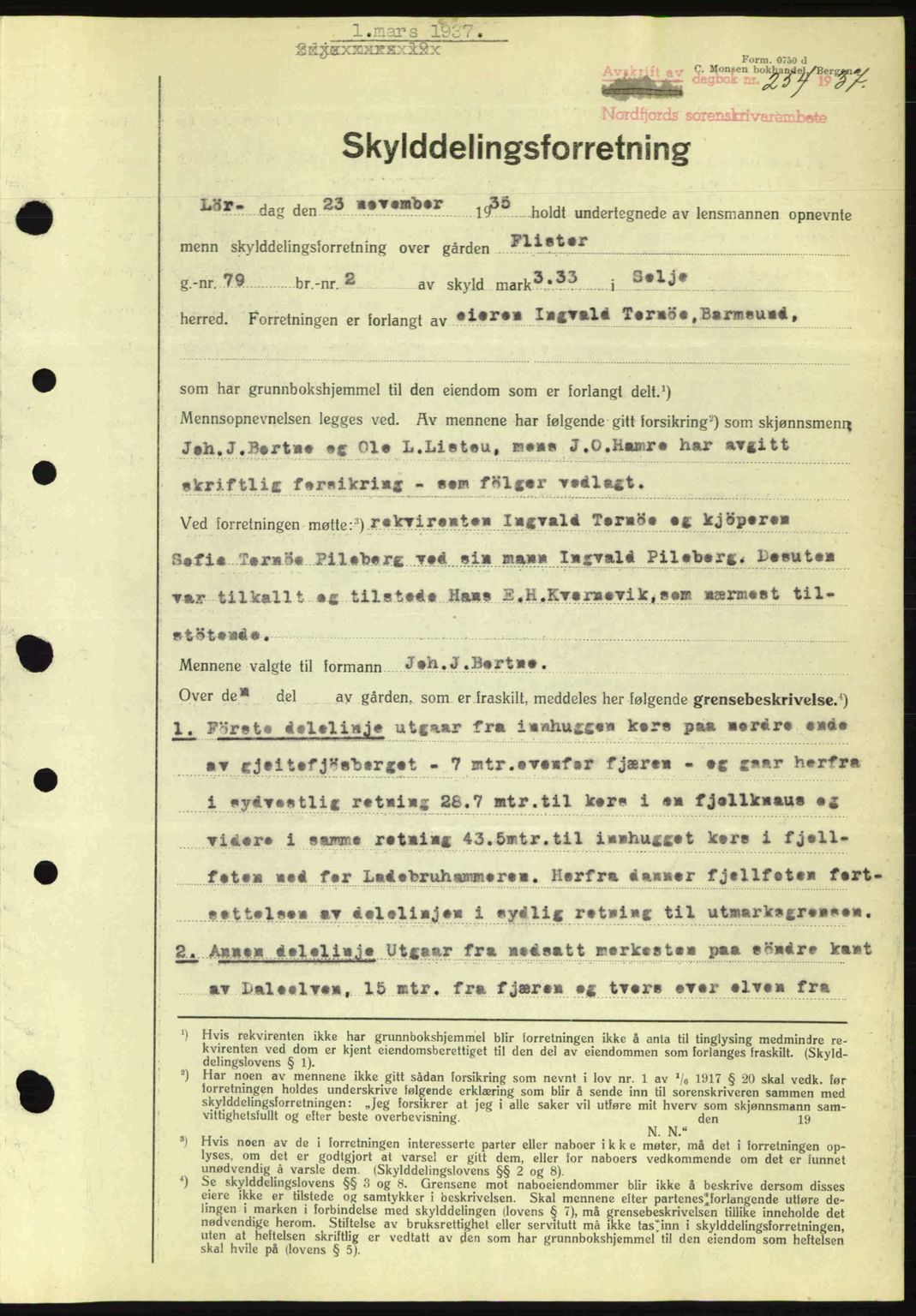 Nordfjord sorenskriveri, AV/SAB-A-2801/02/02b/02bj/L0001: Mortgage book no. A1, 1936-1937, Diary no: : 254/1937