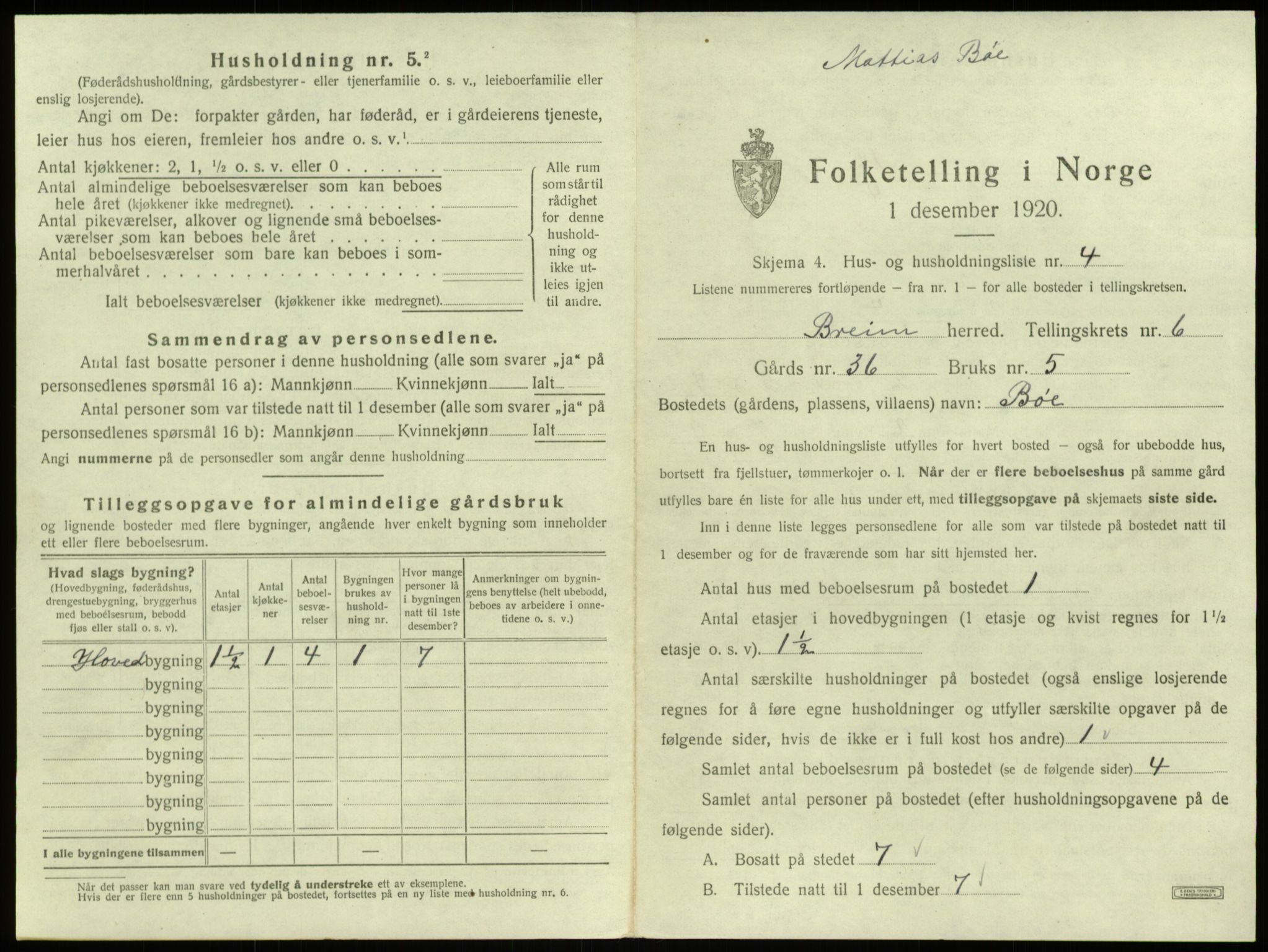 SAB, 1920 census for Breim, 1920, p. 484