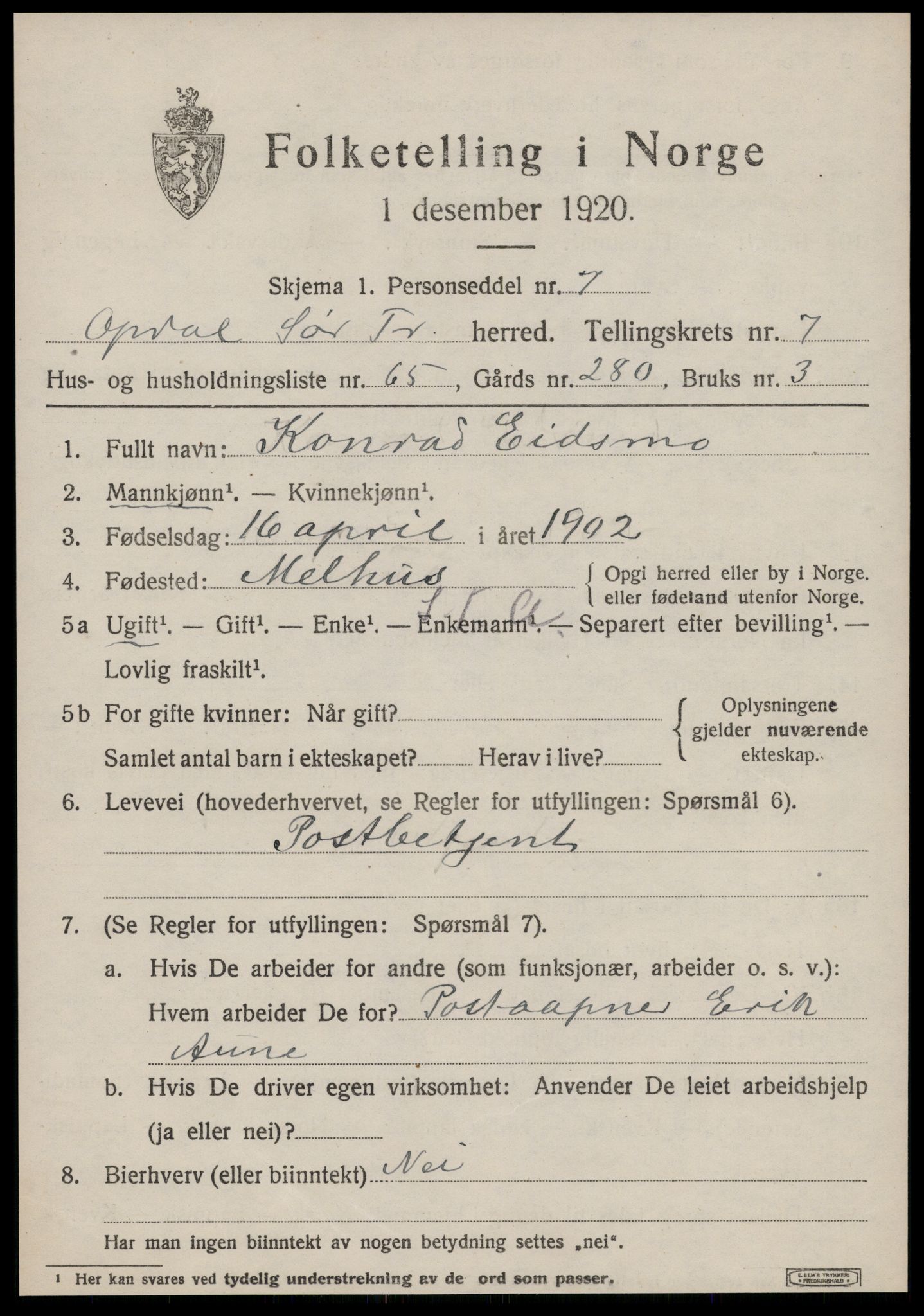 SAT, 1920 census for Oppdal, 1920, p. 6487