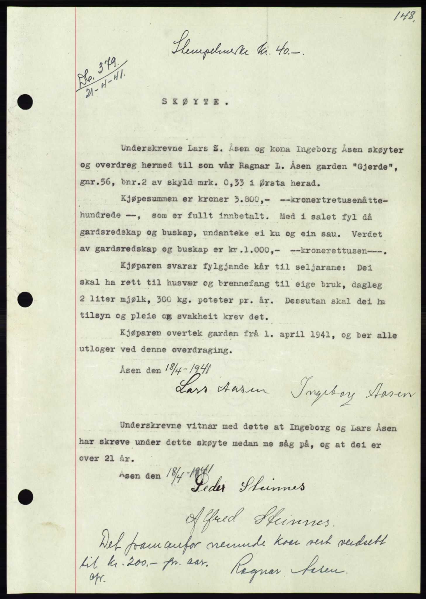 Søre Sunnmøre sorenskriveri, AV/SAT-A-4122/1/2/2C/L0071: Mortgage book no. 65, 1941-1941, Diary no: : 379/1941