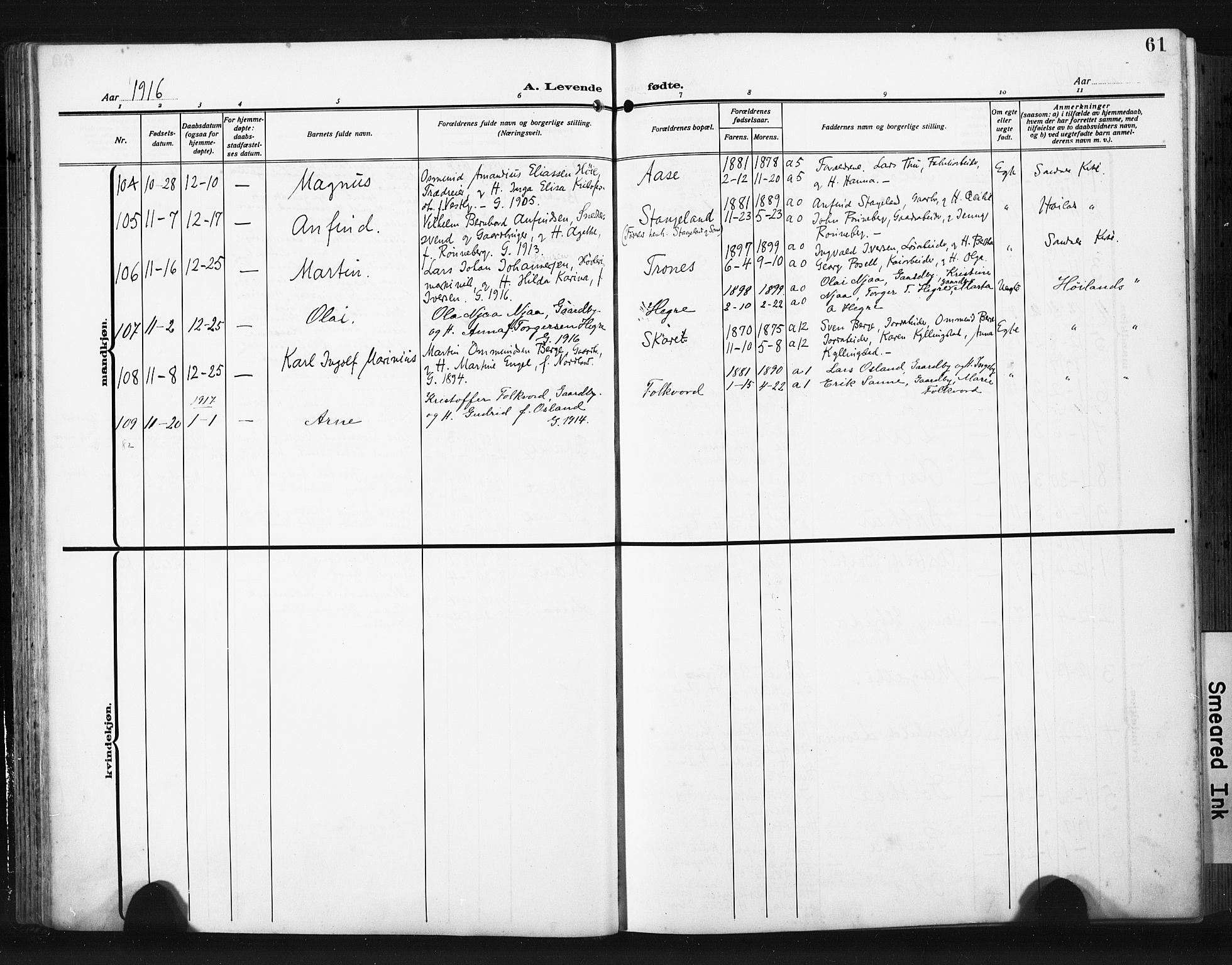 Høyland sokneprestkontor, SAST/A-101799/001/30BA/L0017: Parish register (official) no. A 15, 1912-1924, p. 61