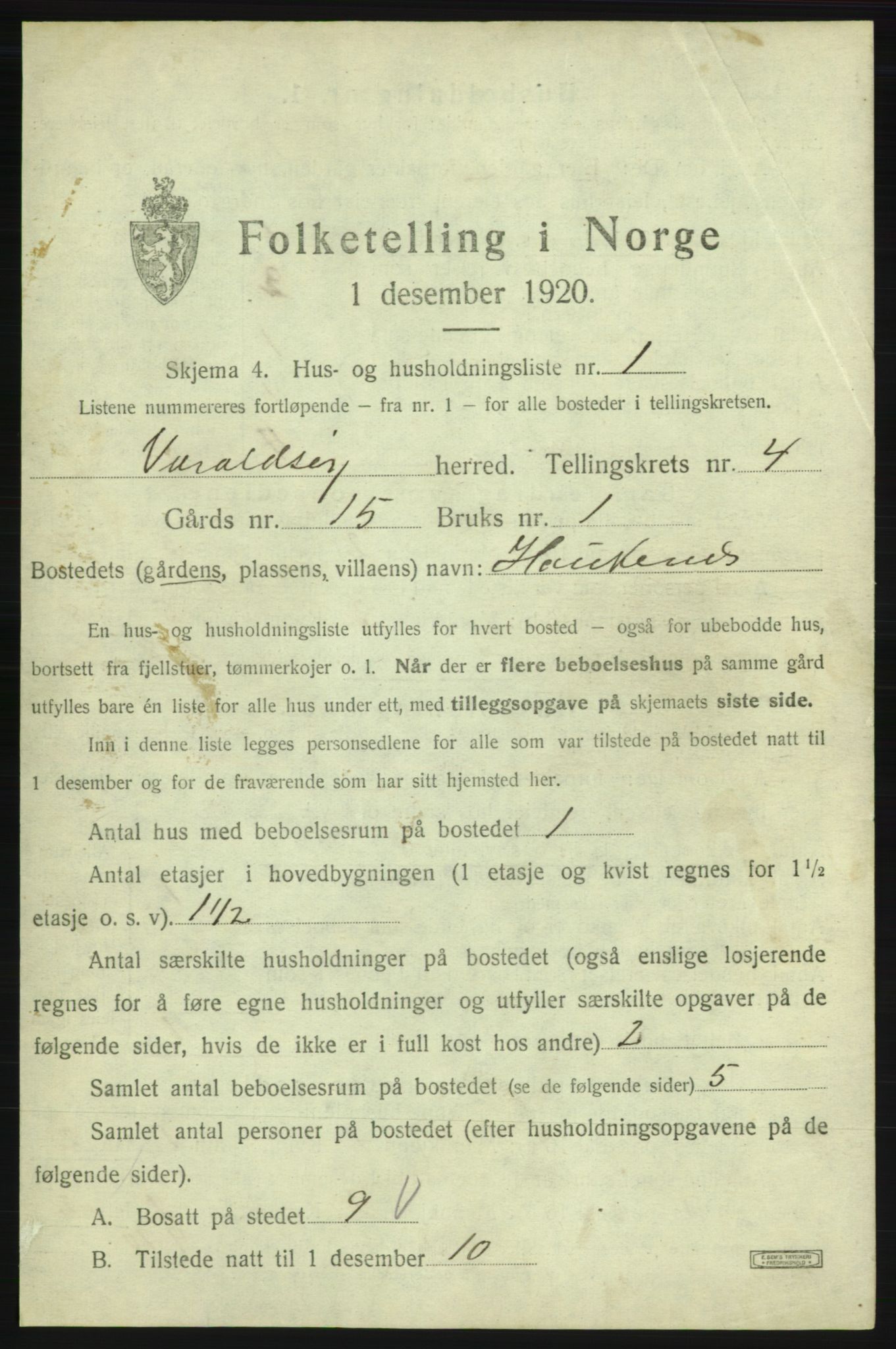 SAB, 1920 census for Varaldsøy, 1920, p. 284