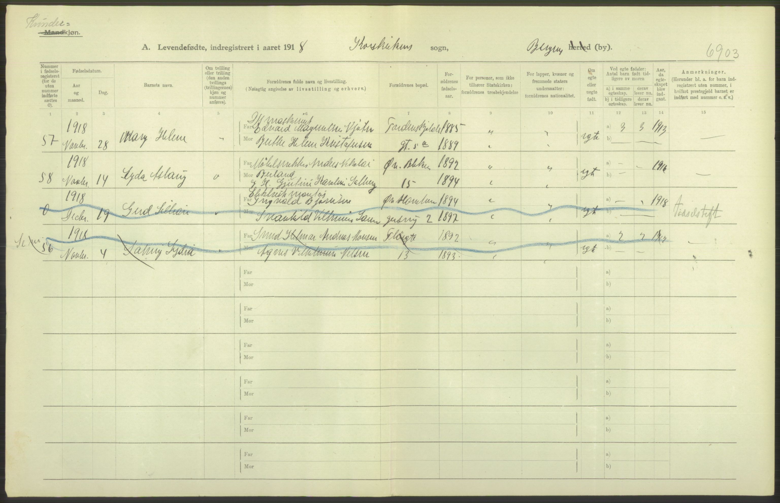 Statistisk sentralbyrå, Sosiodemografiske emner, Befolkning, AV/RA-S-2228/D/Df/Dfb/Dfbh/L0037: Bergen: Levendefødte menn og kvinner., 1918, p. 546