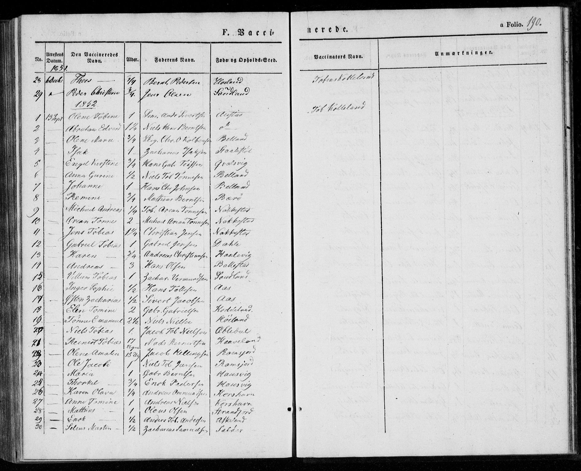 Lyngdal sokneprestkontor, SAK/1111-0029/F/Fa/Faa/L0001: Parish register (official) no. A 1, 1837-1857, p. 190