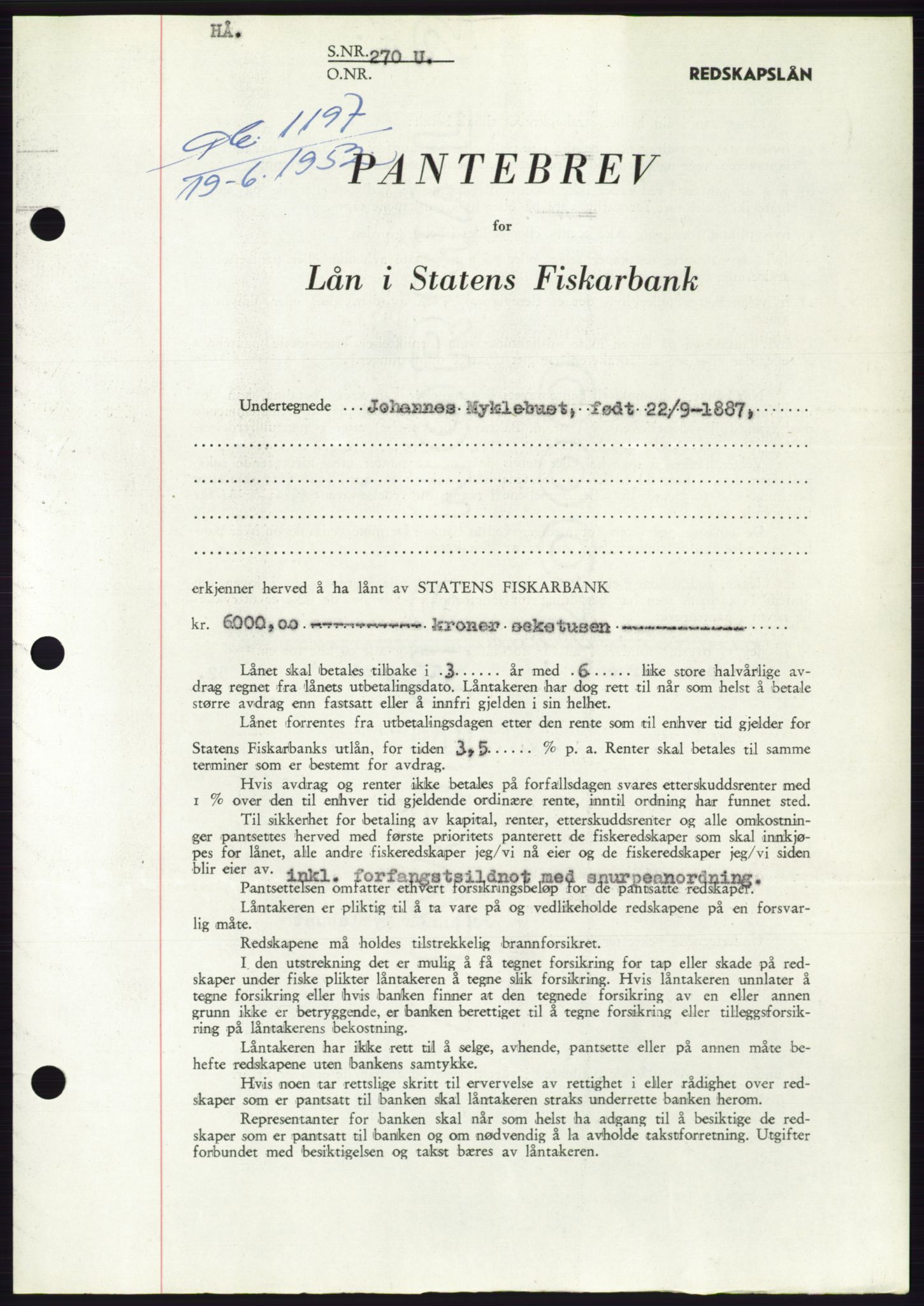 Søre Sunnmøre sorenskriveri, AV/SAT-A-4122/1/2/2C/L0121: Mortgage book no. 9B, 1951-1952, Diary no: : 1197/1952