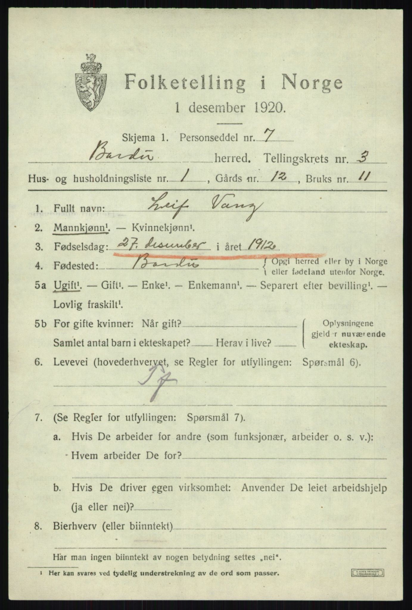 SATØ, 1920 census for Bardu, 1920, p. 1169