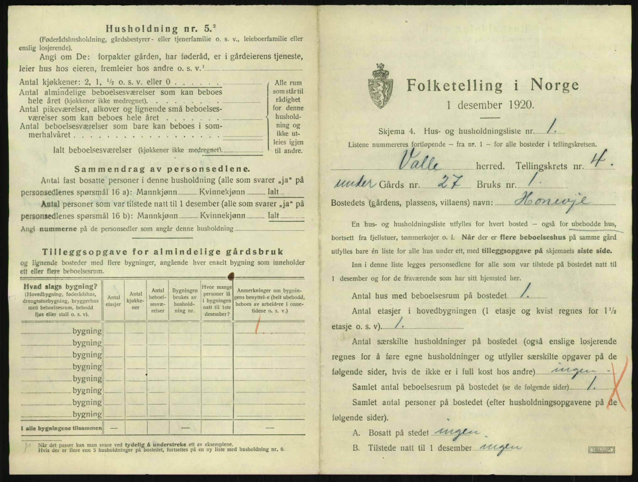 SAK, 1920 census for Valle, 1920, p. 321