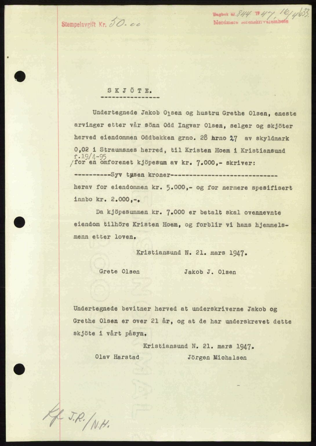 Nordmøre sorenskriveri, AV/SAT-A-4132/1/2/2Ca: Mortgage book no. A104, 1947-1947, Diary no: : 844/1947