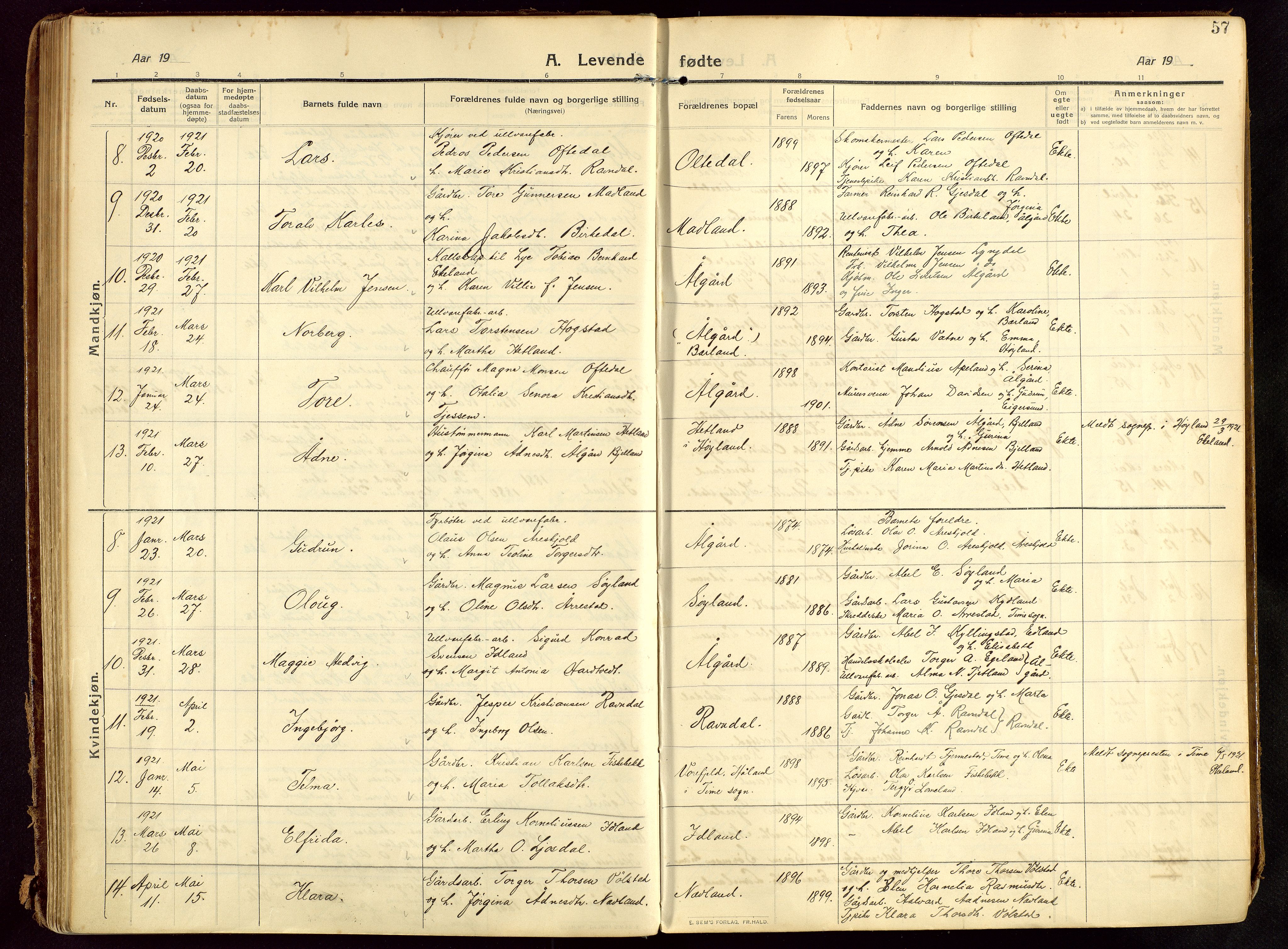 Lye sokneprestkontor, AV/SAST-A-101794/002/B/L0001: Parish register (official) no. A 13, 1910-1925, p. 57