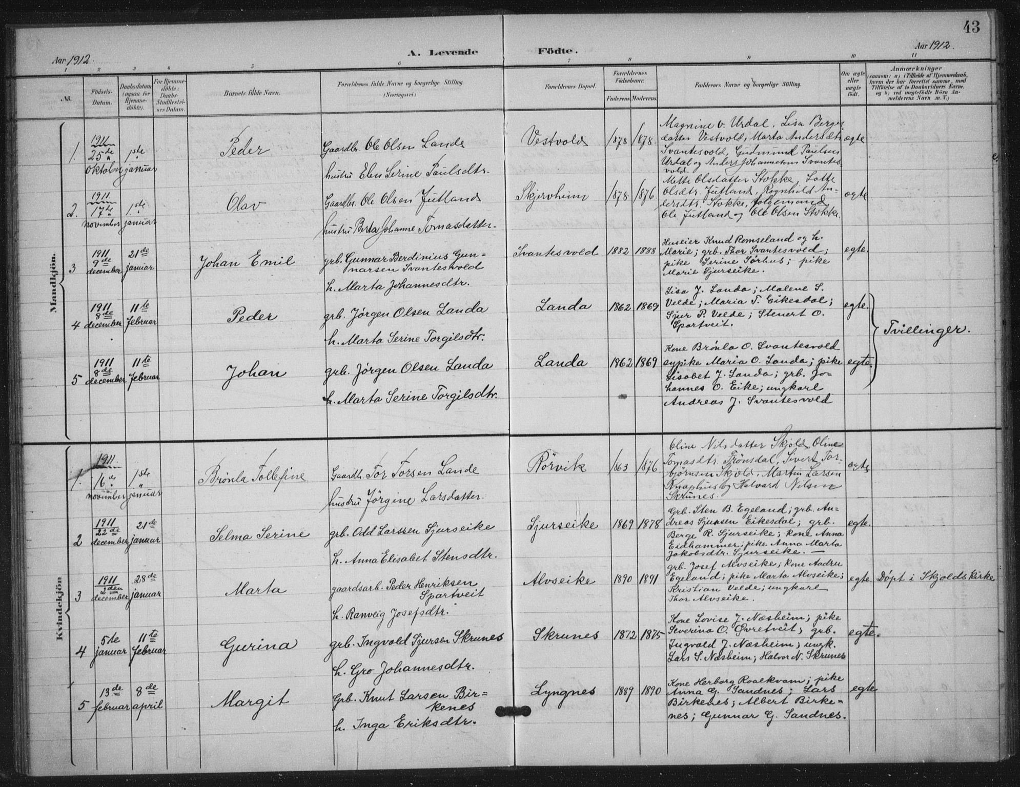 Skjold sokneprestkontor, SAST/A-101847/H/Ha/Haa/L0012: Parish register (official) no. A 12, 1899-1915, p. 43