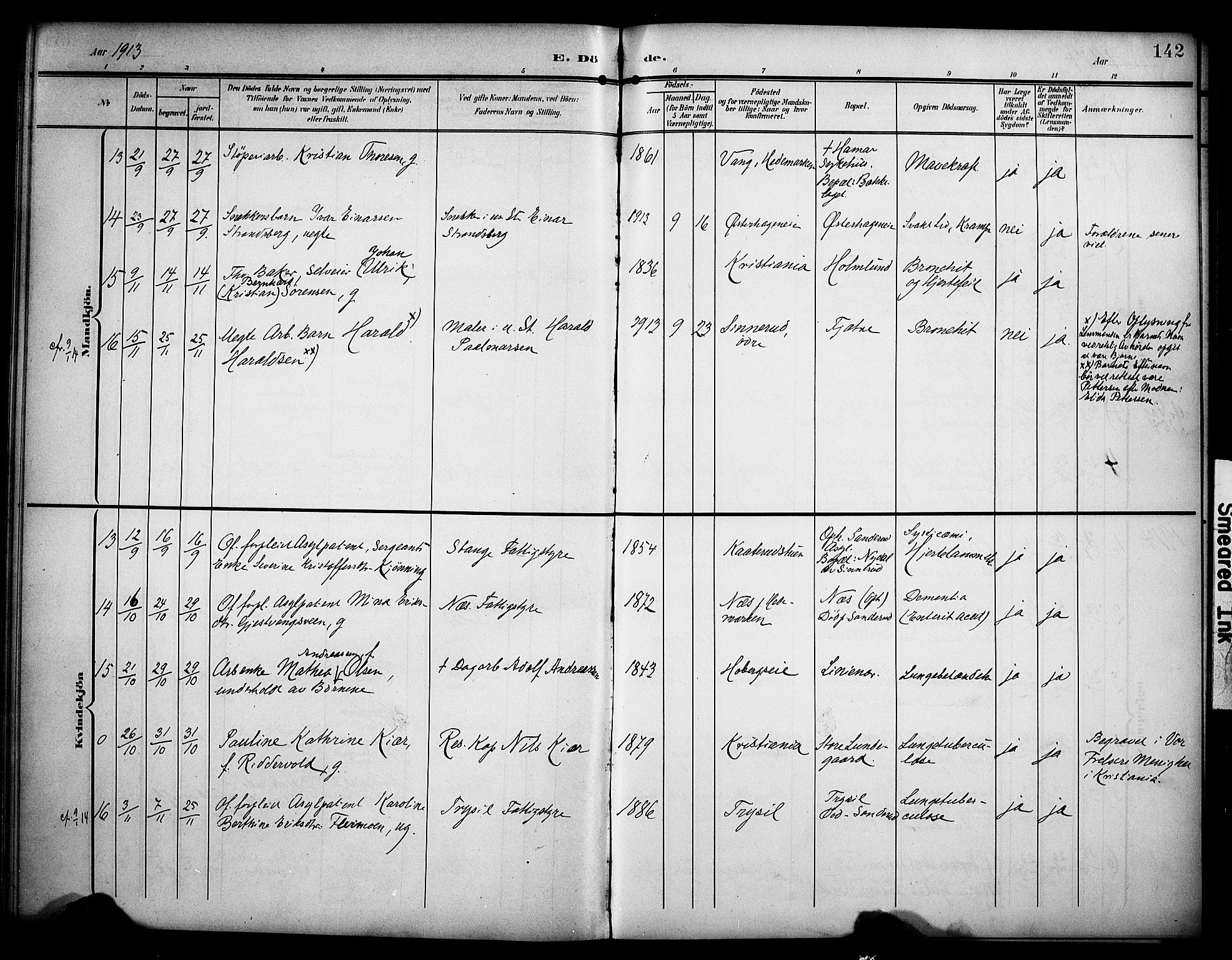 Stange prestekontor, AV/SAH-PREST-002/K/L0022: Parish register (official) no. 22, 1903-1914, p. 142