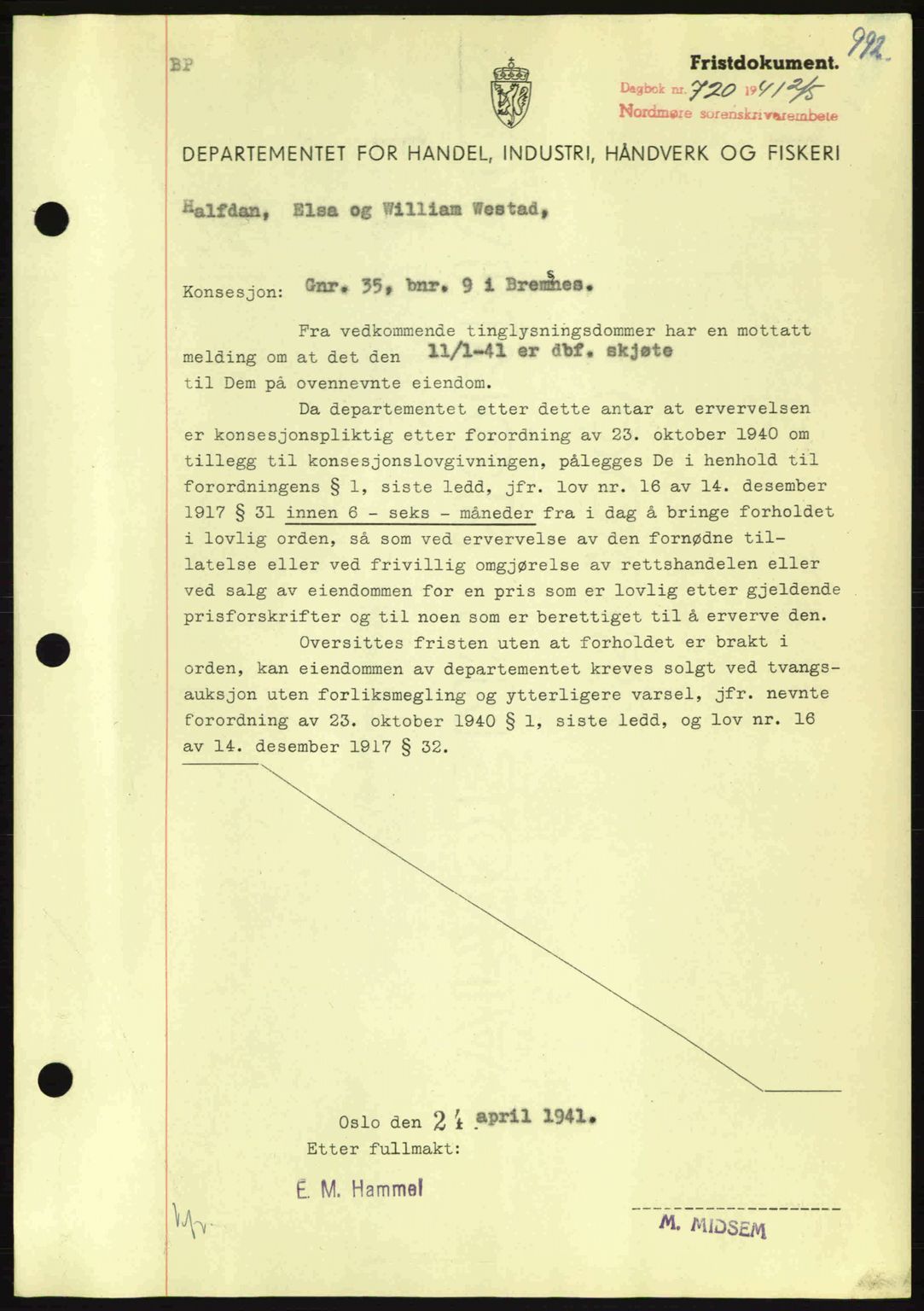 Nordmøre sorenskriveri, AV/SAT-A-4132/1/2/2Ca: Mortgage book no. B87, 1940-1941, Diary no: : 720/1941