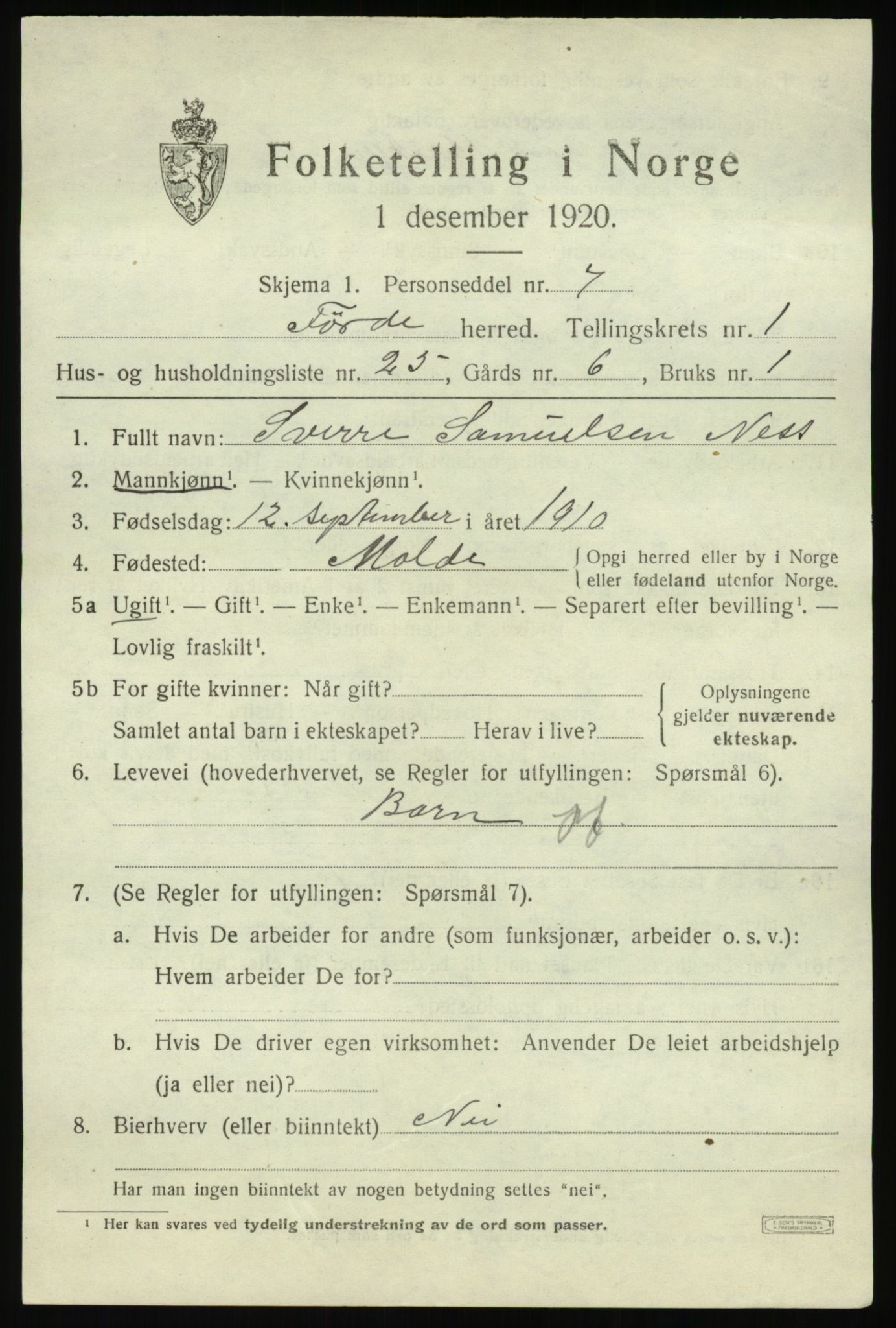 SAB, 1920 census for Førde, 1920, p. 1412