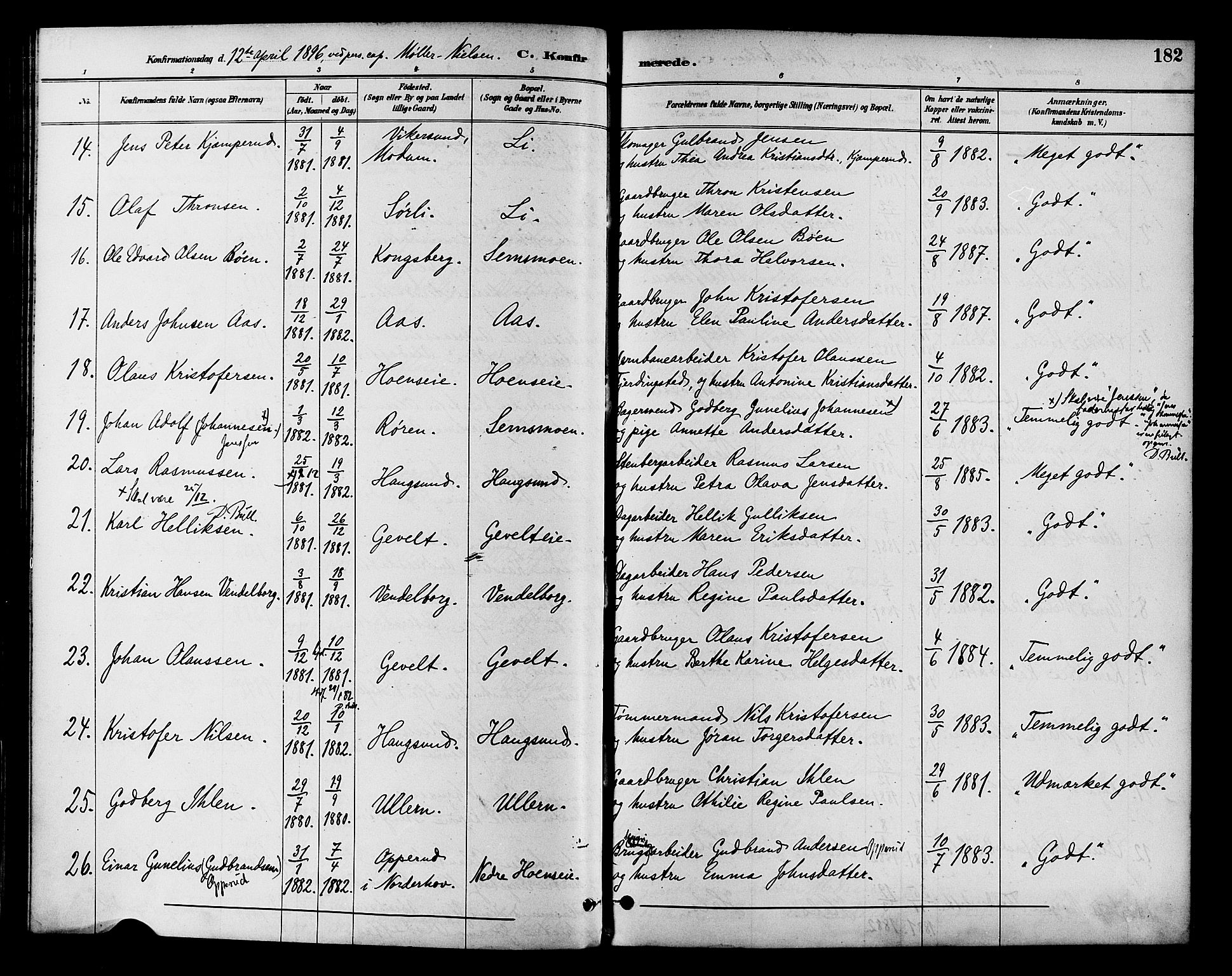 Eiker kirkebøker, SAKO/A-4/F/Fb/L0002: Parish register (official) no. II 2, 1889-1896, p. 182