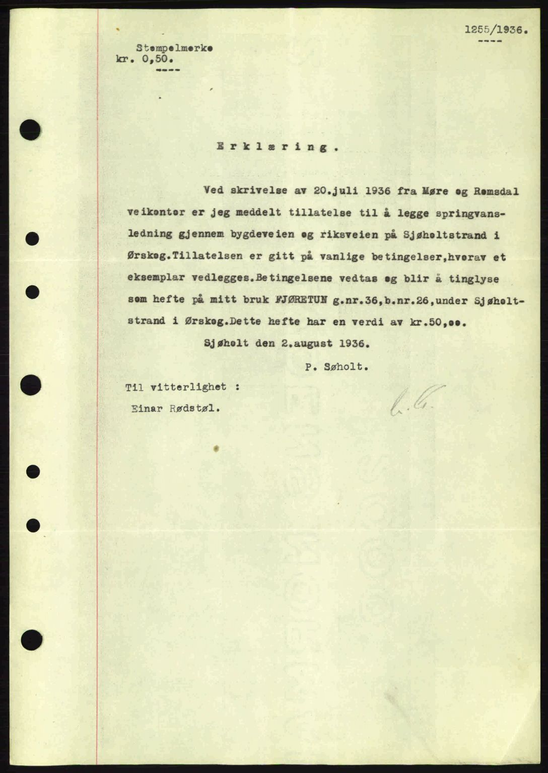 Nordre Sunnmøre sorenskriveri, AV/SAT-A-0006/1/2/2C/2Ca: Mortgage book no. A1, 1936-1936, Diary no: : 1255/1936