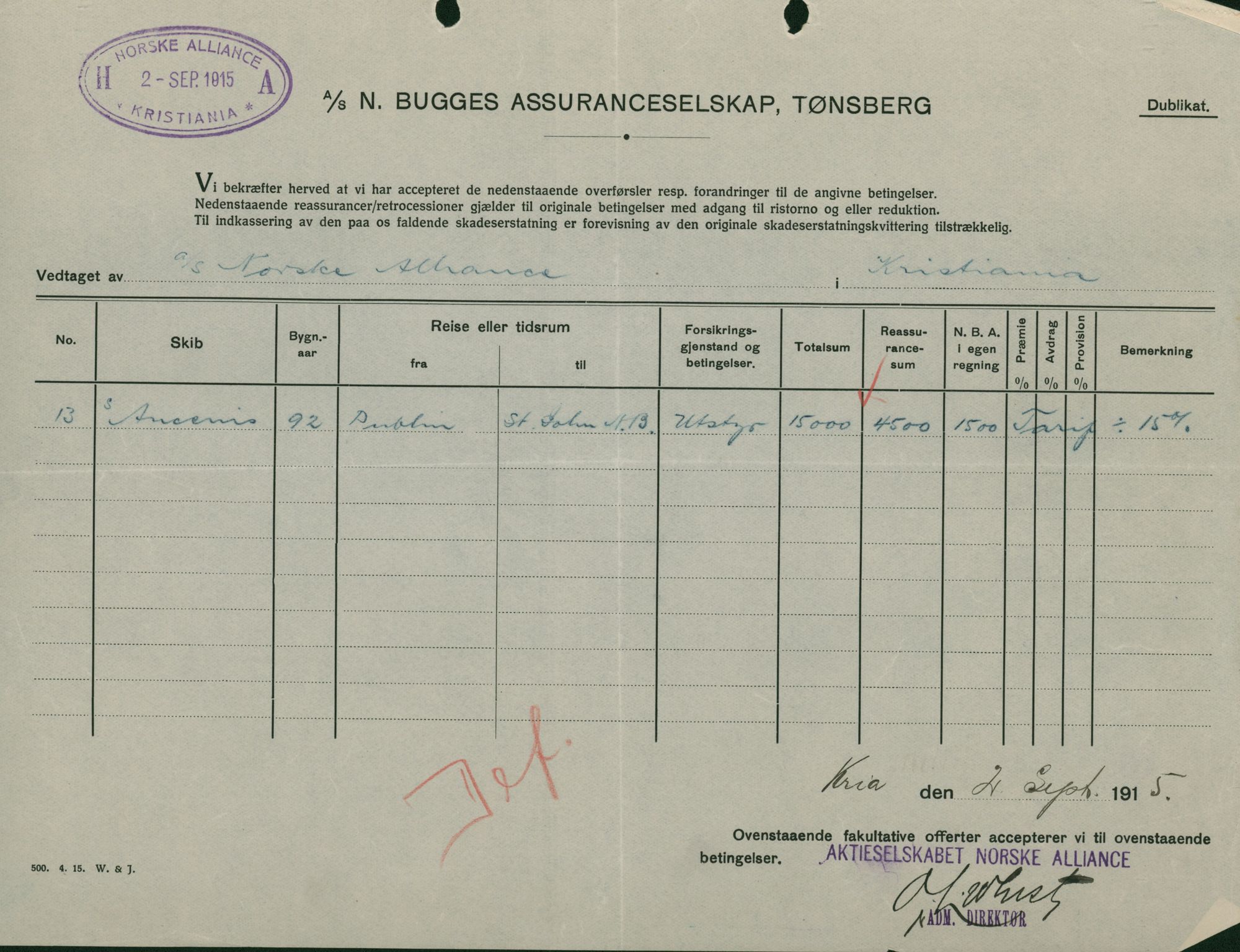 Pa 664 - Tønsberg Sjøforsikringsselskap, VEMU/A-1773/F/L0001: Forsikringspoliser, 1915-1918