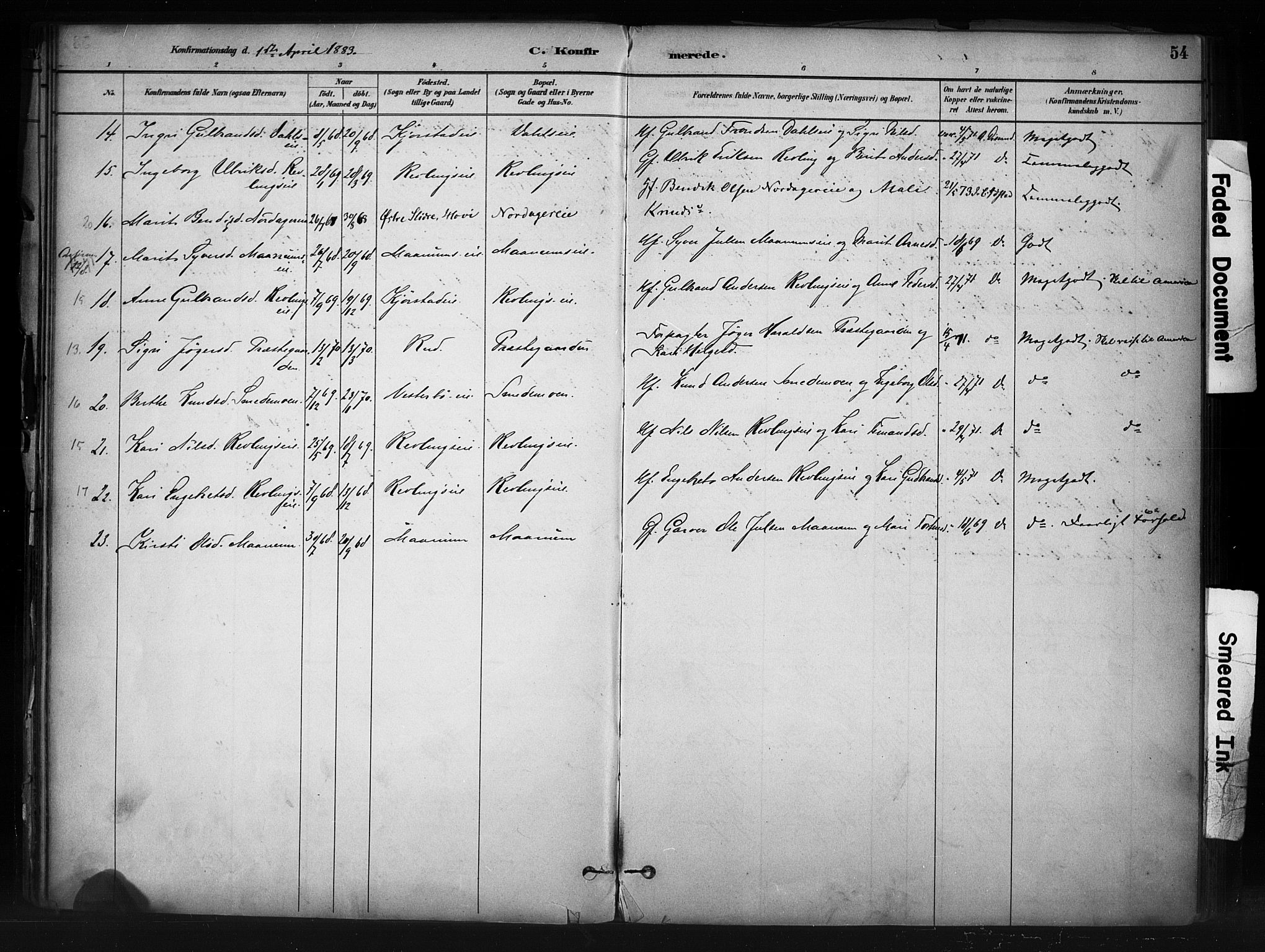 Nord-Aurdal prestekontor, AV/SAH-PREST-132/H/Ha/Haa/L0013: Parish register (official) no. 13, 1883-1895, p. 54