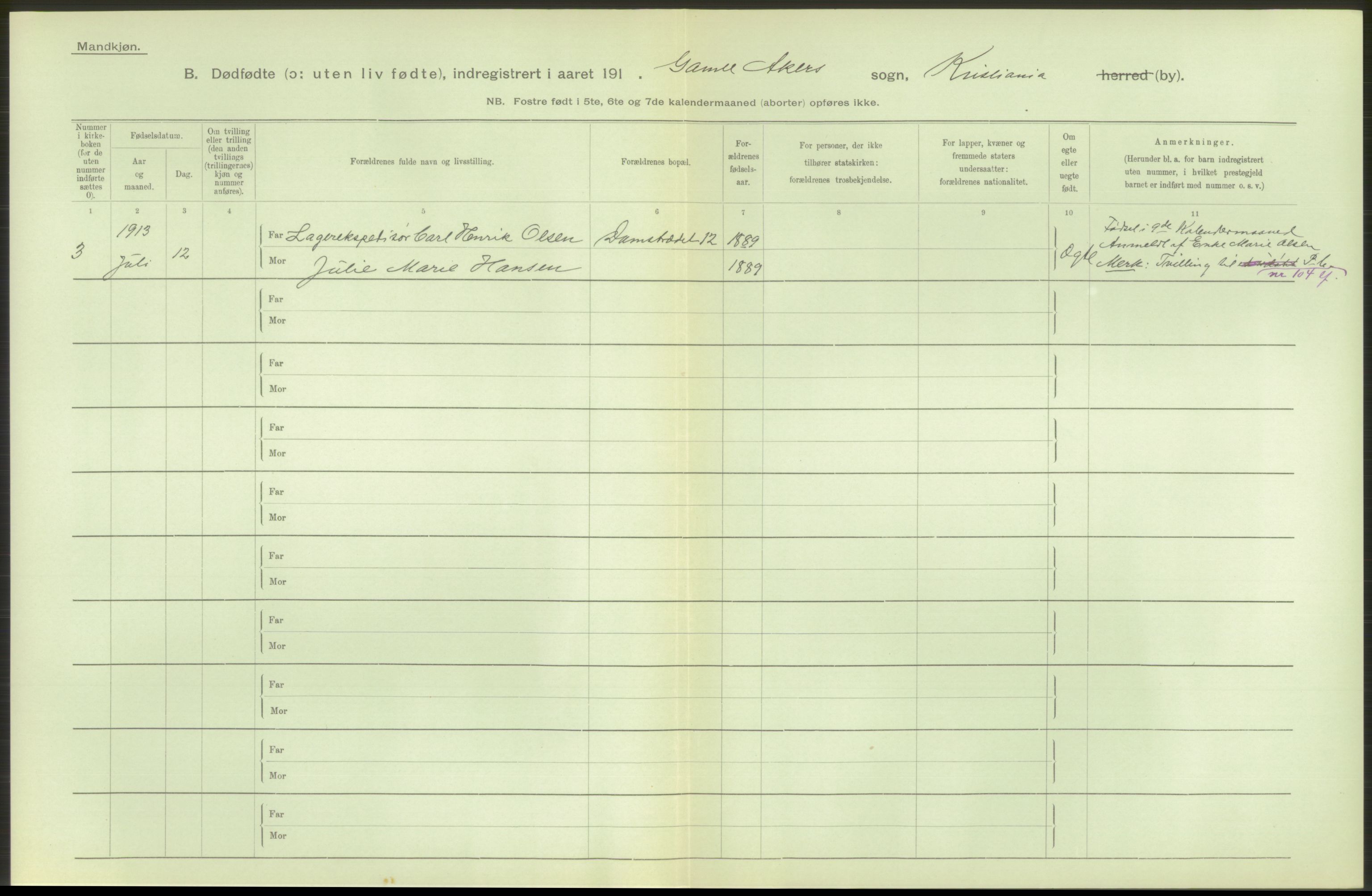 Statistisk sentralbyrå, Sosiodemografiske emner, Befolkning, RA/S-2228/D/Df/Dfb/Dfbc/L0010: Kristiania: Døde, dødfødte., 1913, p. 102