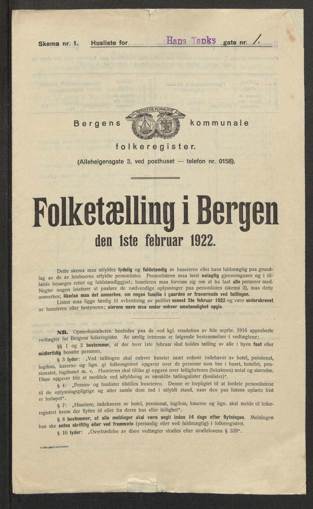 SAB, Municipal Census 1922 for Bergen, 1922, p. 12924