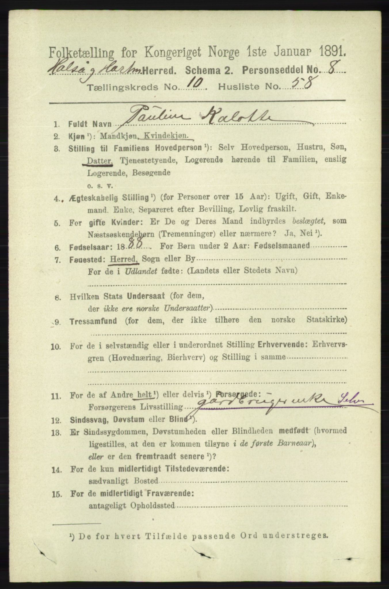 RA, 1891 census for 1019 Halse og Harkmark, 1891, p. 4129