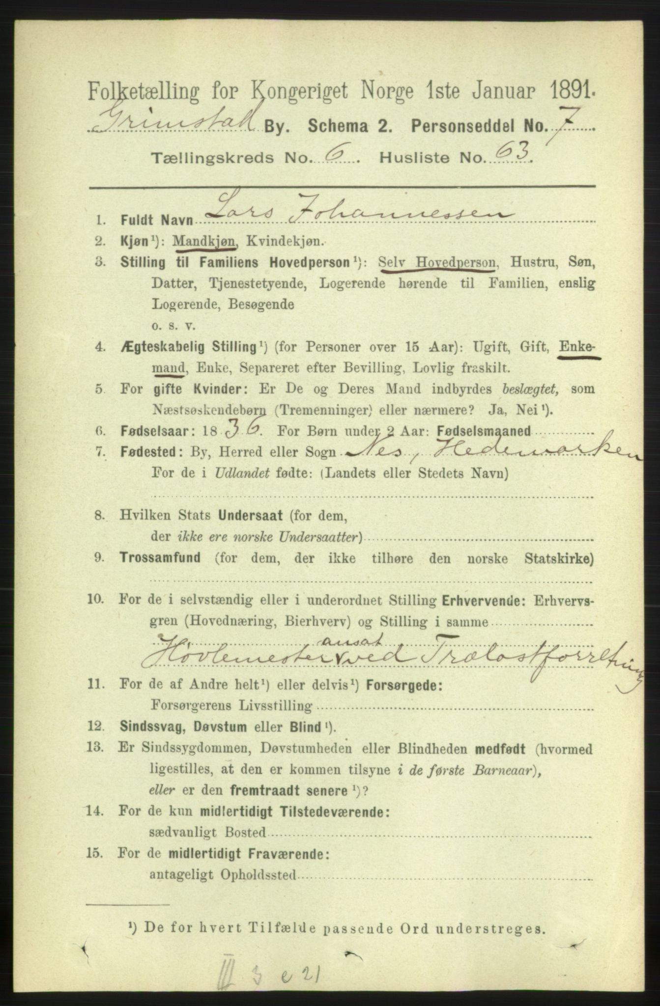 RA, 1891 census for 0904 Grimstad, 1891, p. 4152