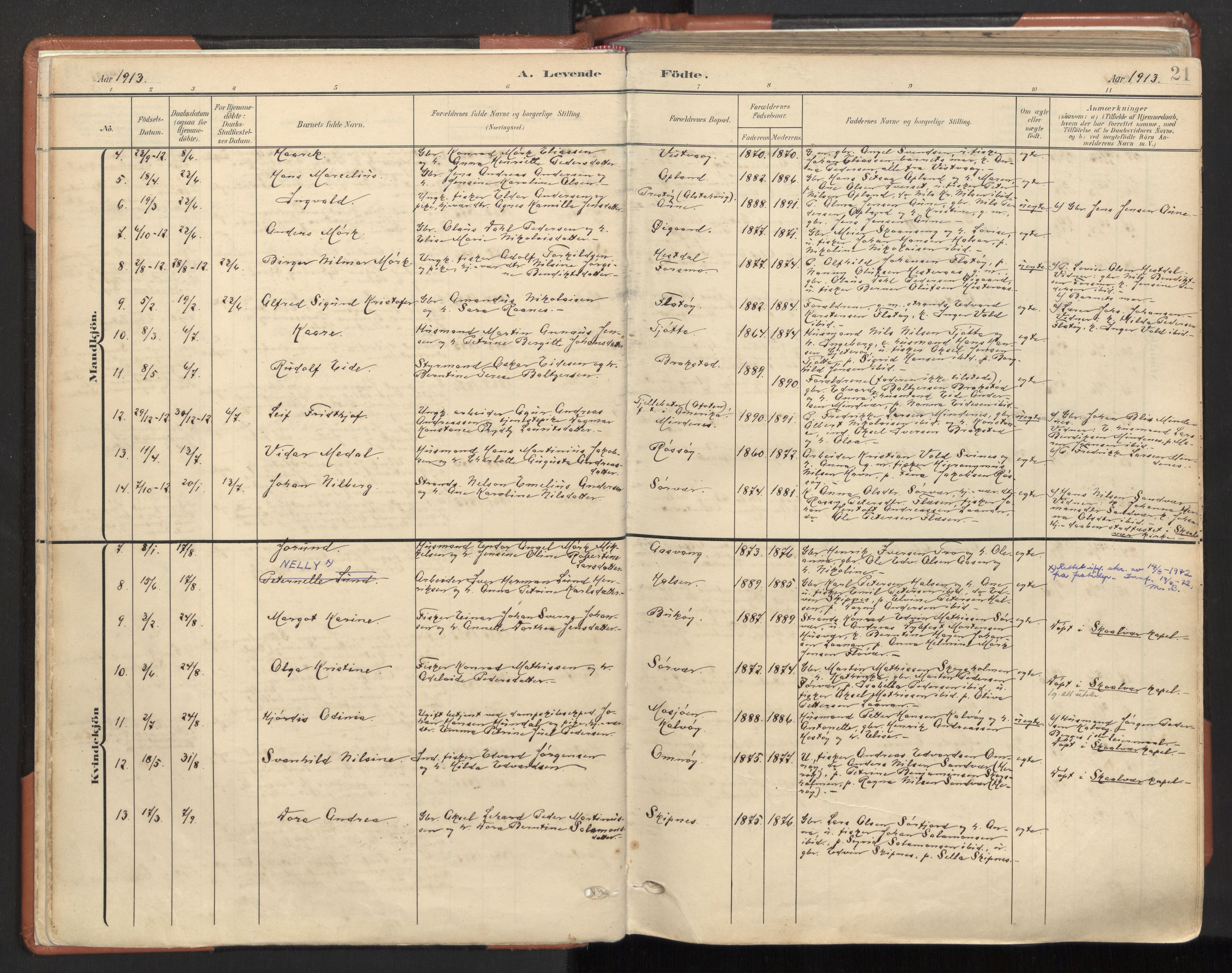 Ministerialprotokoller, klokkerbøker og fødselsregistre - Nordland, AV/SAT-A-1459/817/L0265: Parish register (official) no. 817A05, 1908-1944, p. 21