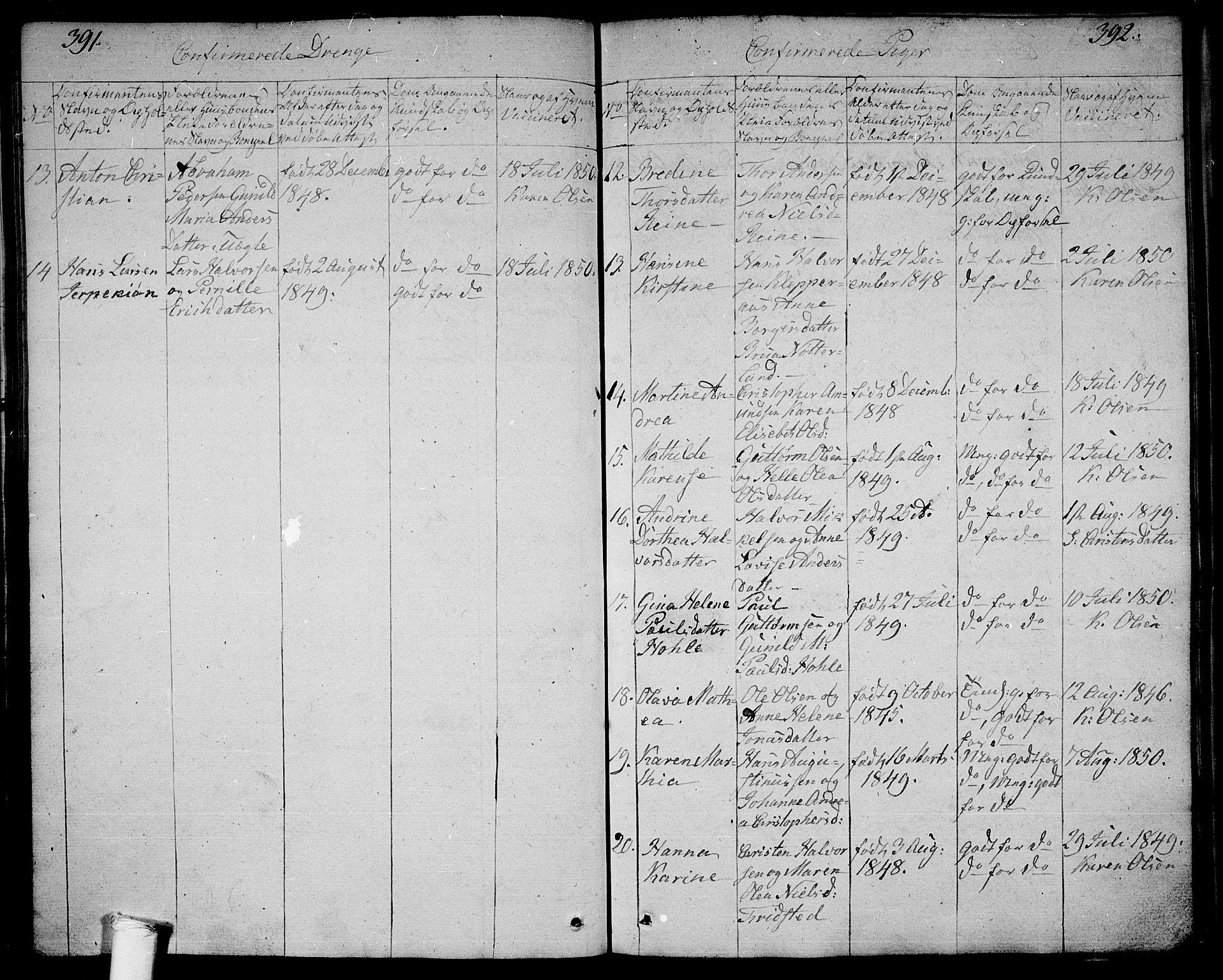 Ramnes kirkebøker, SAKO/A-314/G/Ga/L0002: Parish register (copy) no. I 2, 1848-1870, p. 391-392