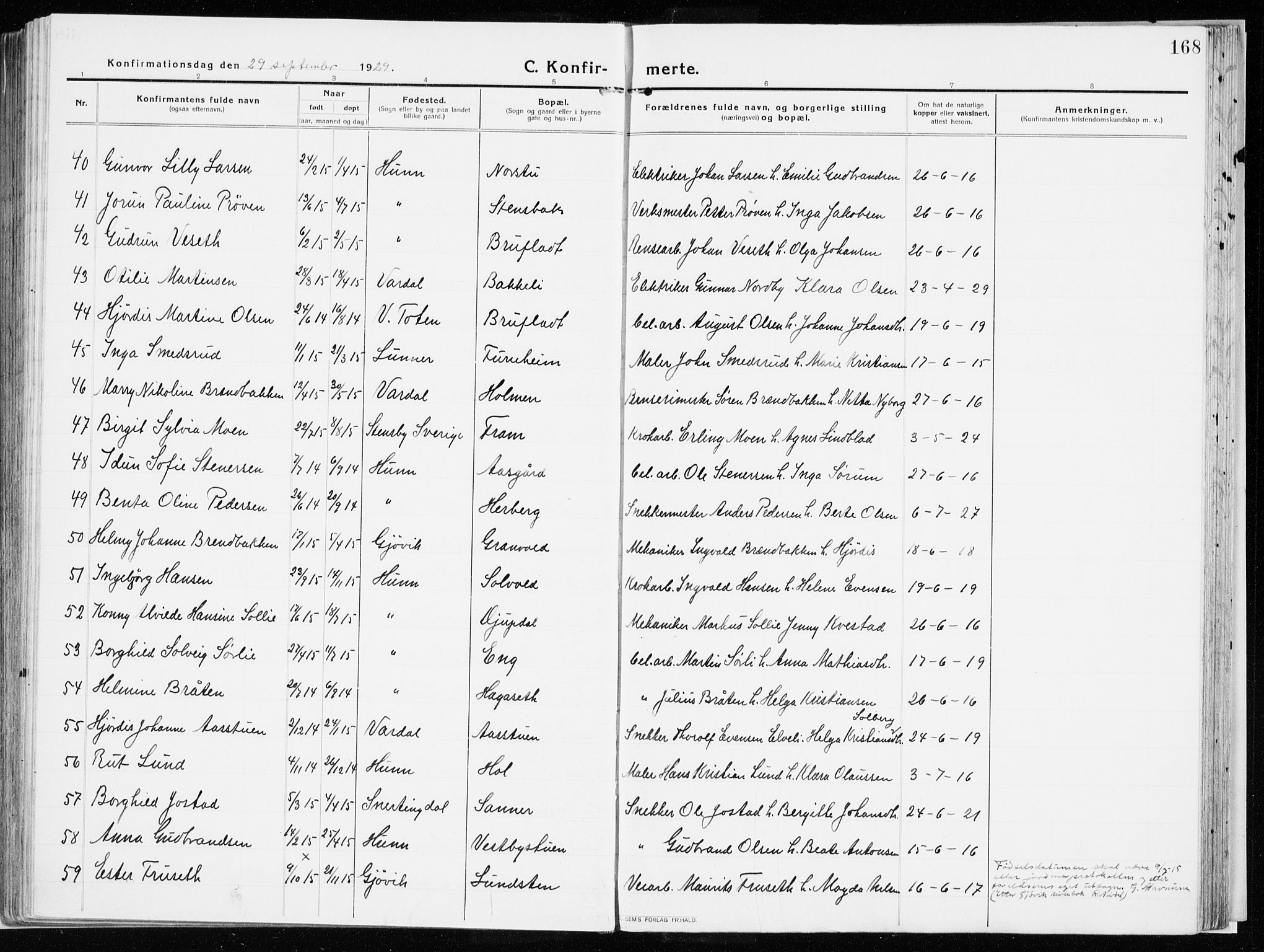 Vardal prestekontor, AV/SAH-PREST-100/H/Ha/Haa/L0017: Parish register (official) no. 17, 1915-1929, p. 168