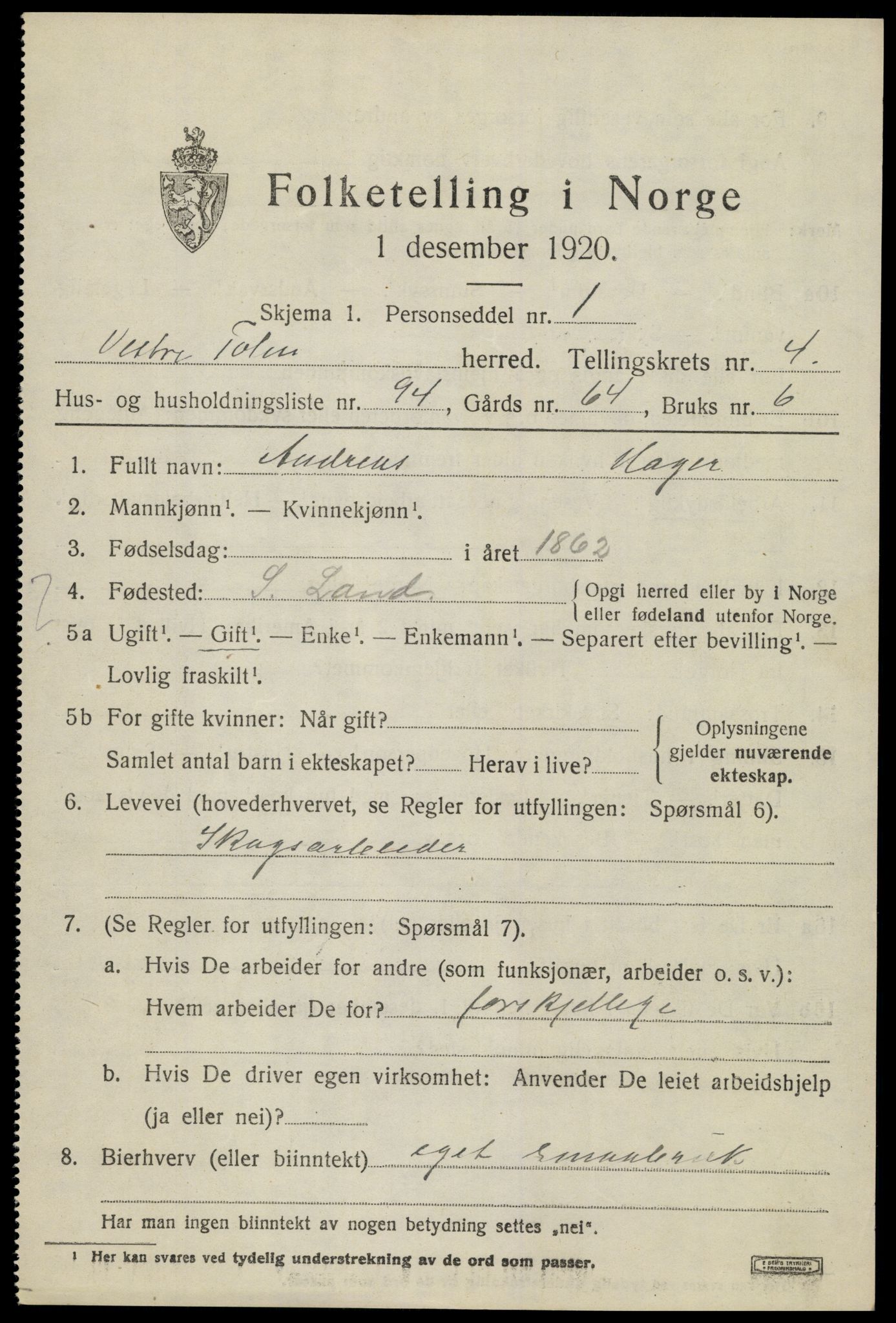 SAH, 1920 census for Vestre Toten, 1920, p. 7286