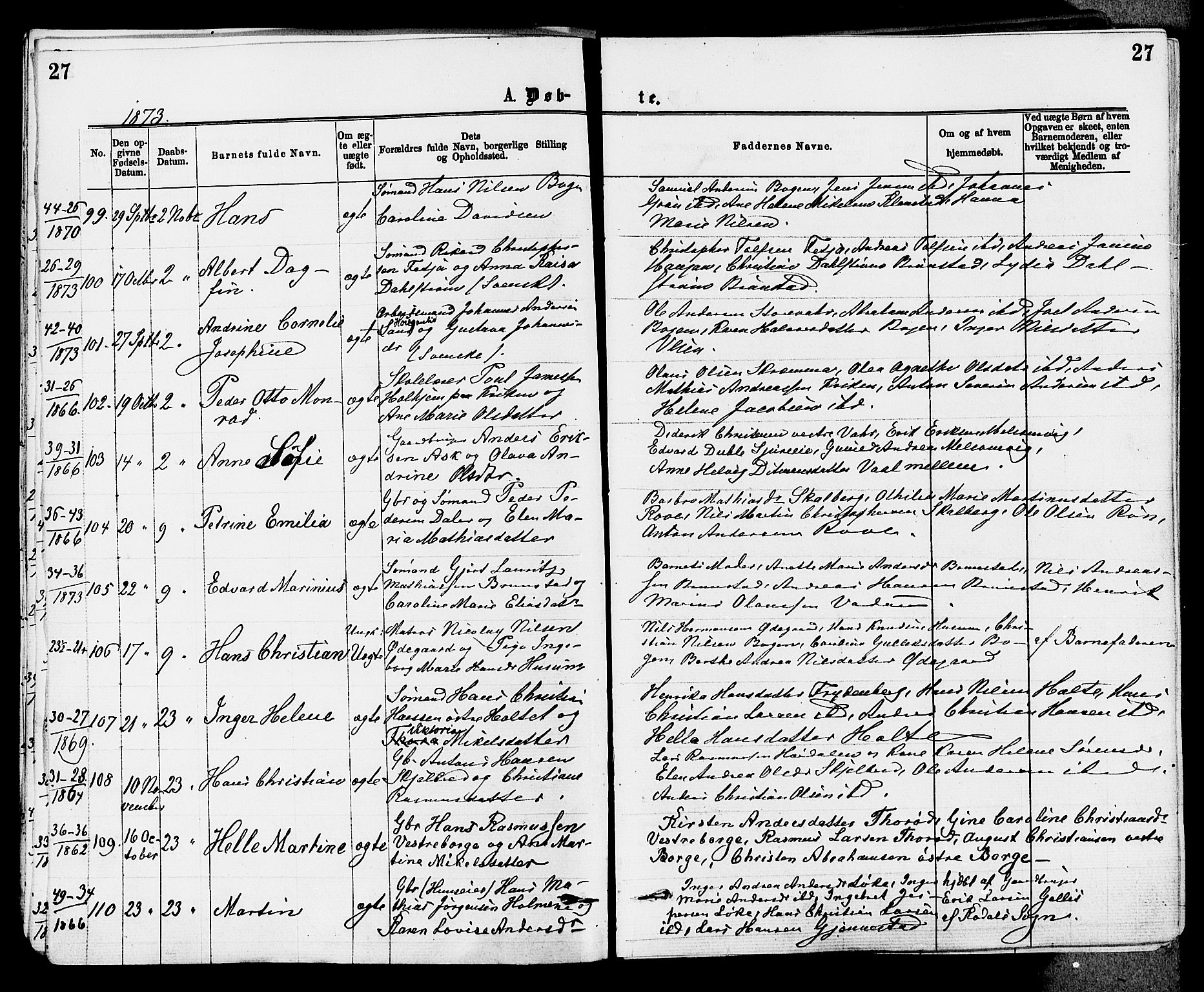 Stokke kirkebøker, AV/SAKO-A-320/F/Fa/L0009: Parish register (official) no. I 9, 1872-1883, p. 27