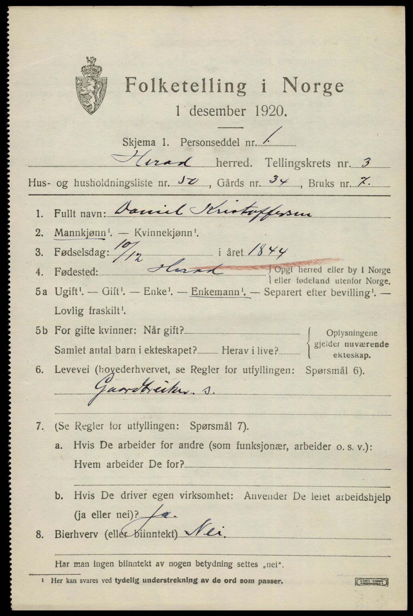 SAK, 1920 census for Herad, 1920, p. 1724