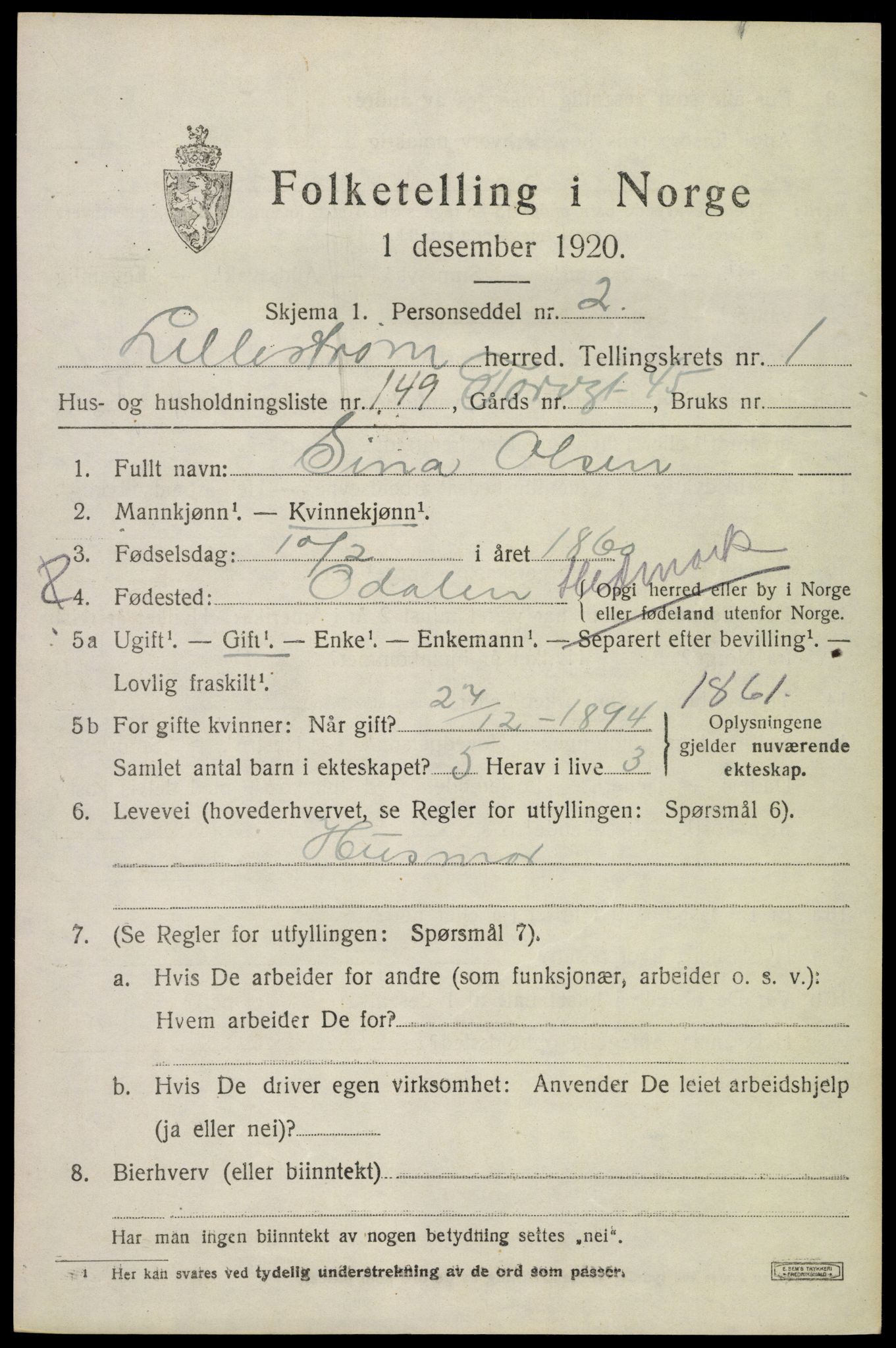 SAO, 1920 census for Lillestrøm, 1920, p. 3866