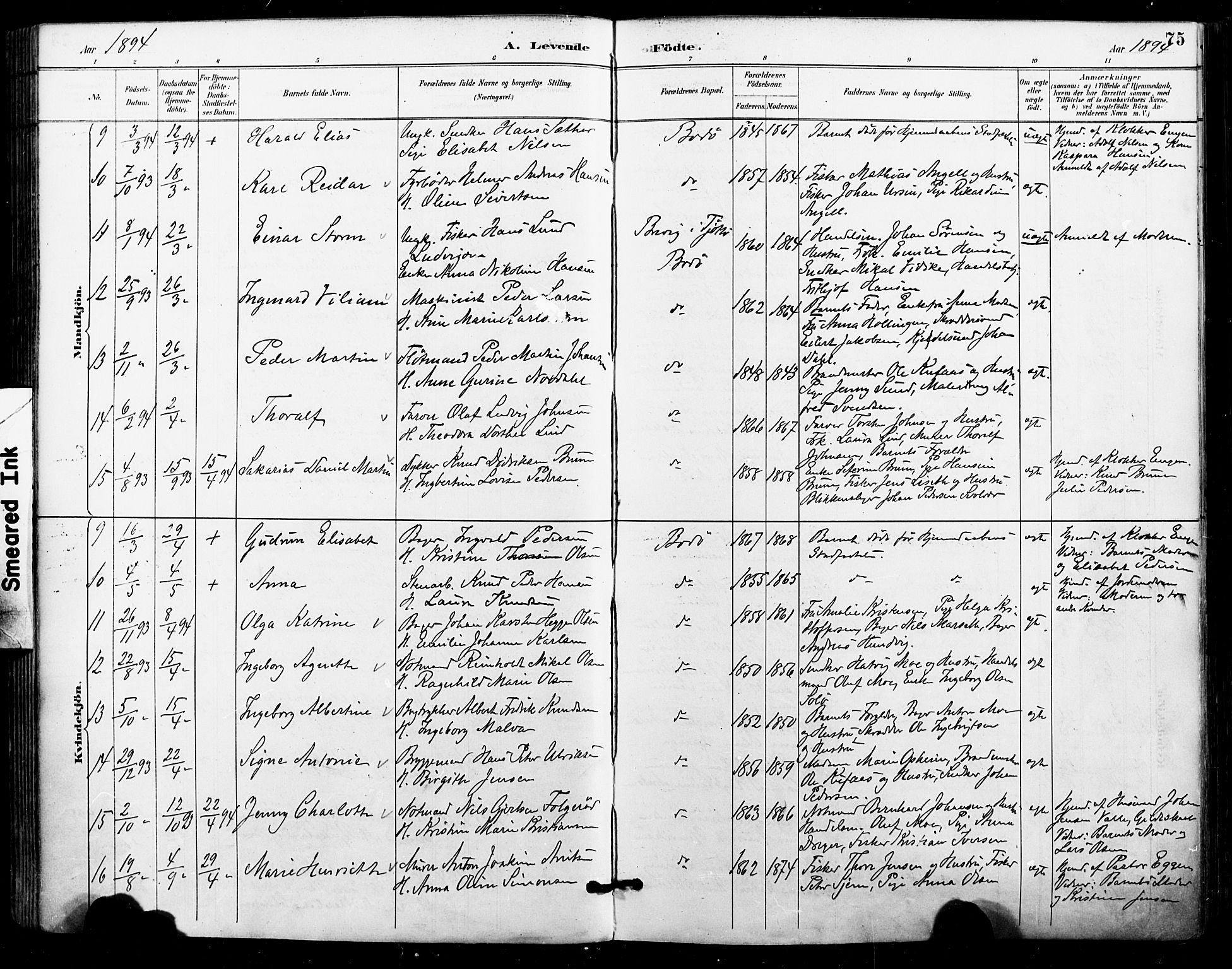 Ministerialprotokoller, klokkerbøker og fødselsregistre - Nordland, AV/SAT-A-1459/801/L0010: Parish register (official) no. 801A10, 1888-1899, p. 75