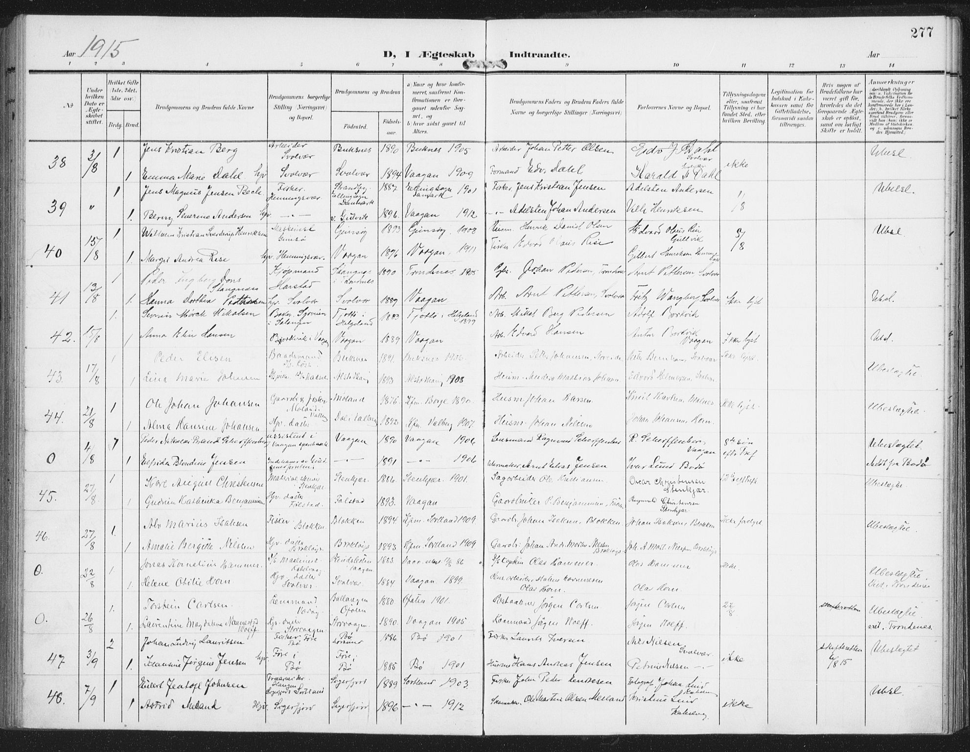 Ministerialprotokoller, klokkerbøker og fødselsregistre - Nordland, AV/SAT-A-1459/874/L1063: Parish register (official) no. 874A07, 1907-1915, p. 277