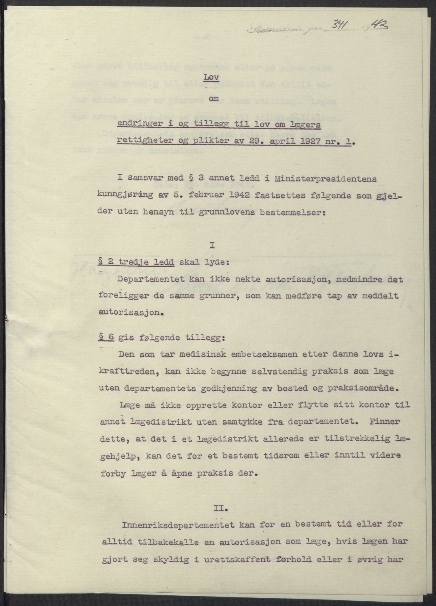 NS-administrasjonen 1940-1945 (Statsrådsekretariatet, de kommisariske statsråder mm), RA/S-4279/D/Db/L0097: Lover I, 1942, p. 216