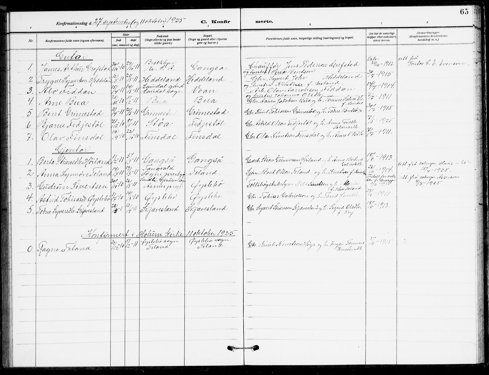 Holum sokneprestkontor, AV/SAK-1111-0022/F/Fb/Fbc/L0004: Parish register (copy) no. B 4, 1908-1930, p. 65