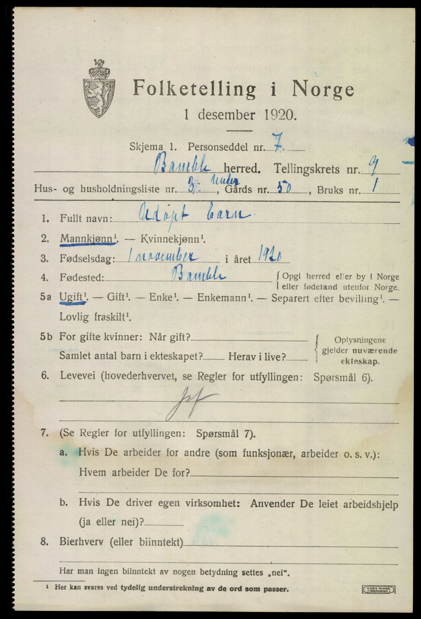 SAKO, 1920 census for Bamble, 1920, p. 7835