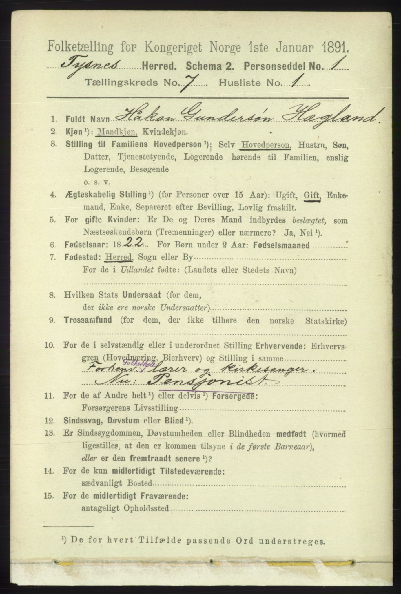 RA, 1891 census for 1223 Tysnes, 1891, p. 2878