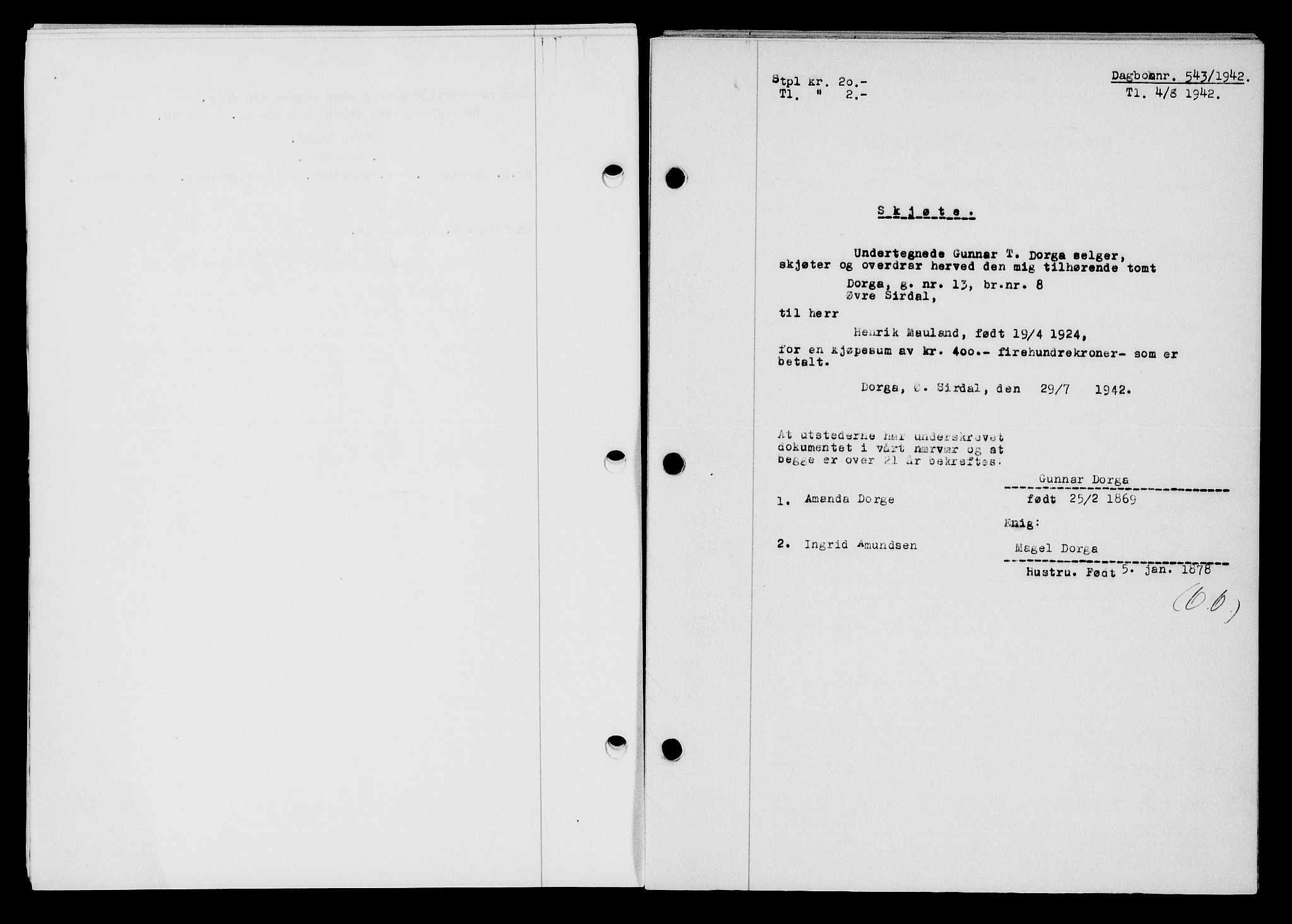 Flekkefjord sorenskriveri, SAK/1221-0001/G/Gb/Gba/L0057: Mortgage book no. A-5, 1941-1942, Diary no: : 543/1942