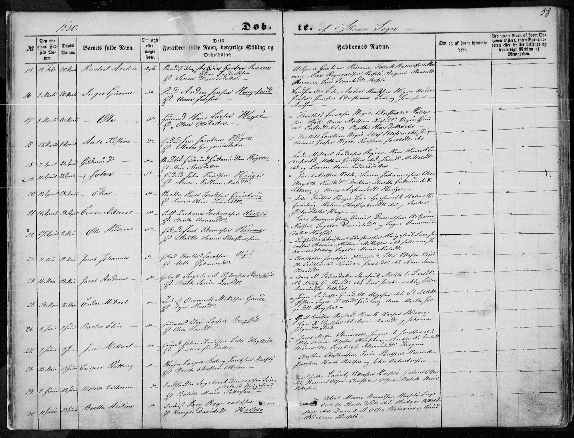 Torvastad sokneprestkontor, AV/SAST-A -101857/H/Ha/Haa/L0009: Parish register (official) no. A 9, 1847-1856, p. 58