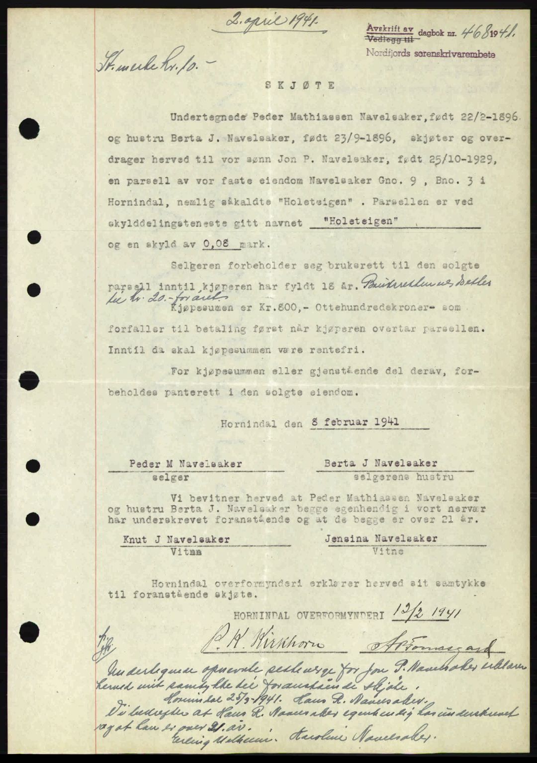 Nordfjord sorenskriveri, AV/SAB-A-2801/02/02b/02bj/L0006: Mortgage book no. A6, 1940-1941, Diary no: : 468/1941