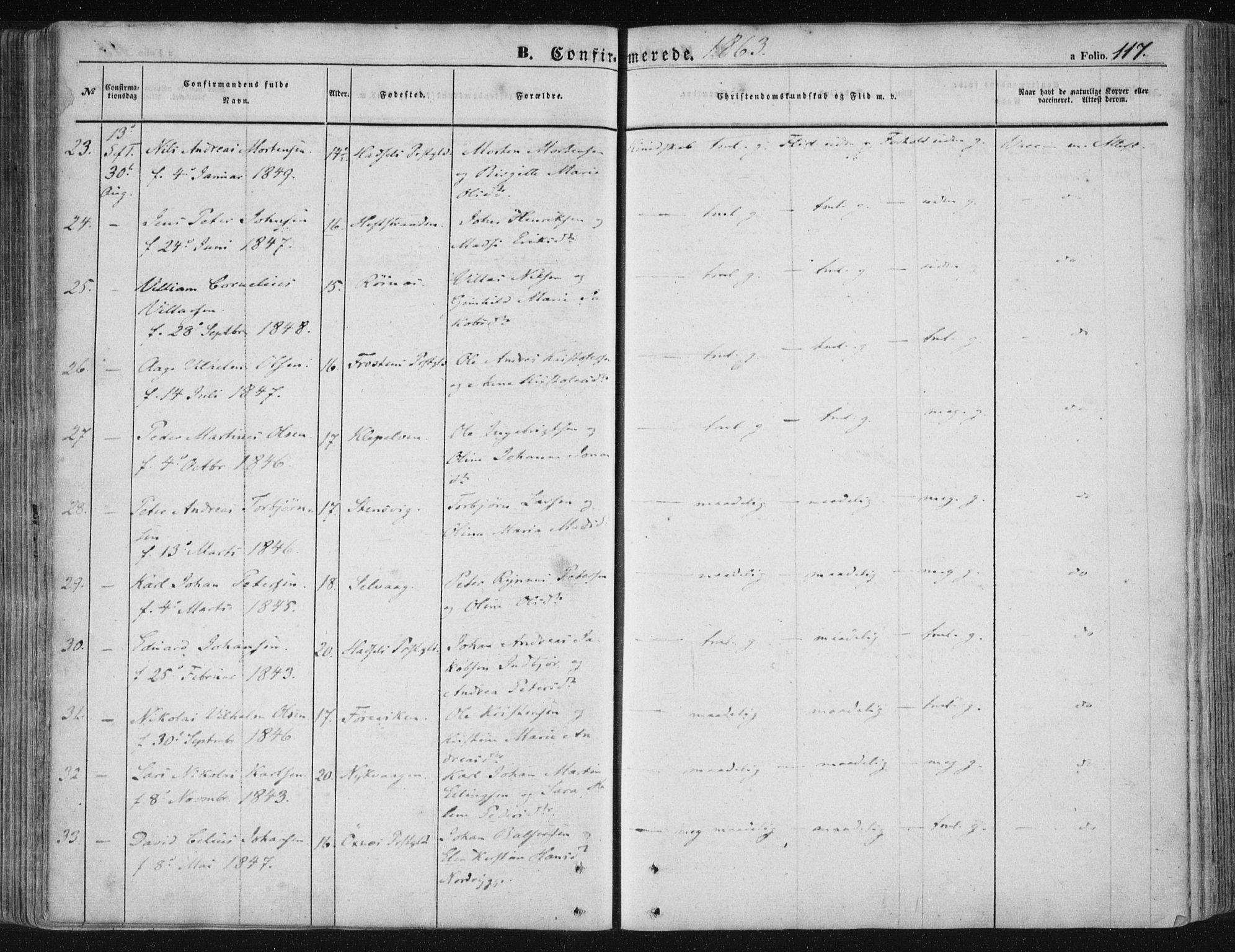 Ministerialprotokoller, klokkerbøker og fødselsregistre - Nordland, AV/SAT-A-1459/891/L1300: Parish register (official) no. 891A05, 1856-1870, p. 117