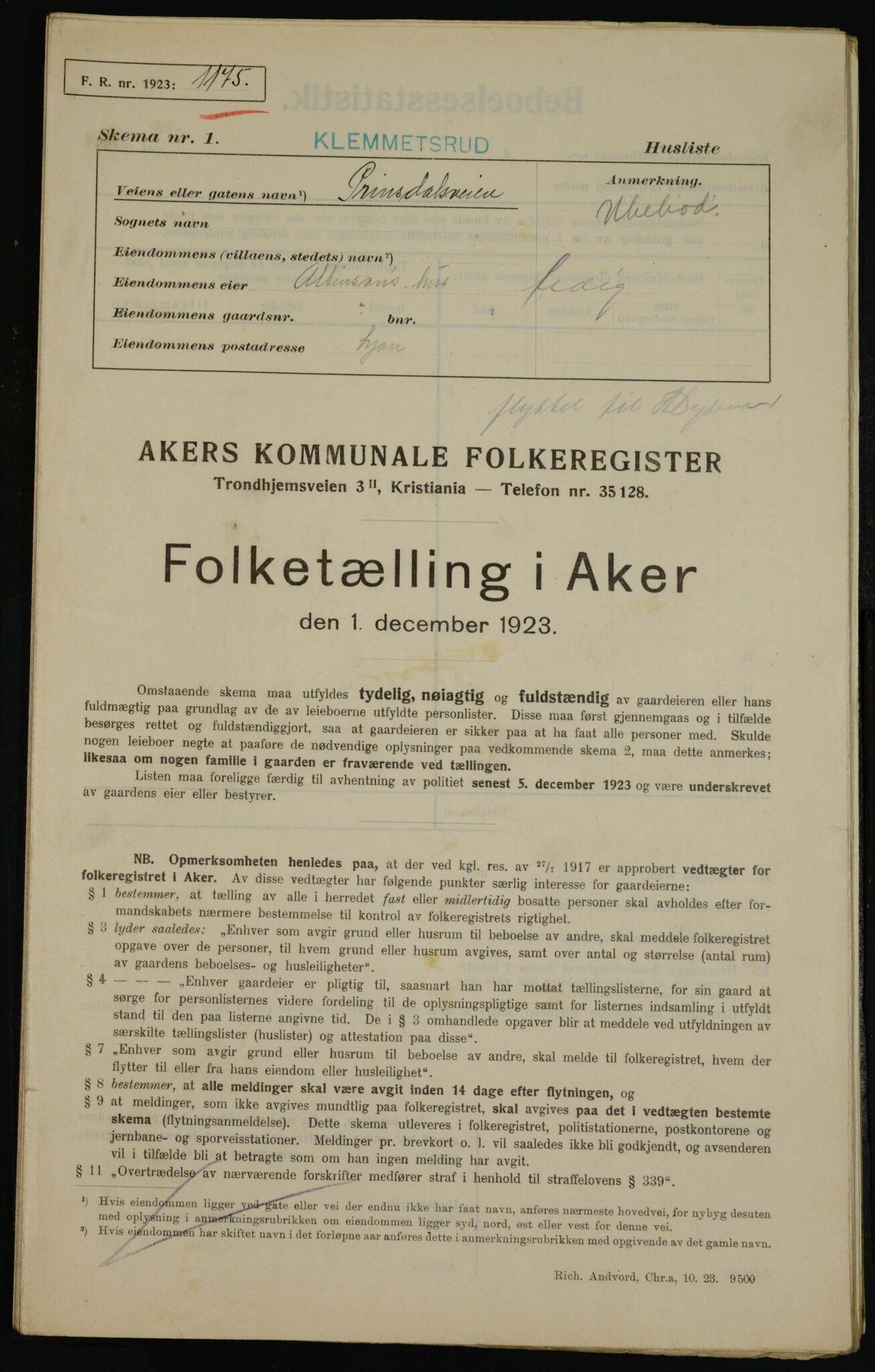 , Municipal Census 1923 for Aker, 1923, p. 43500