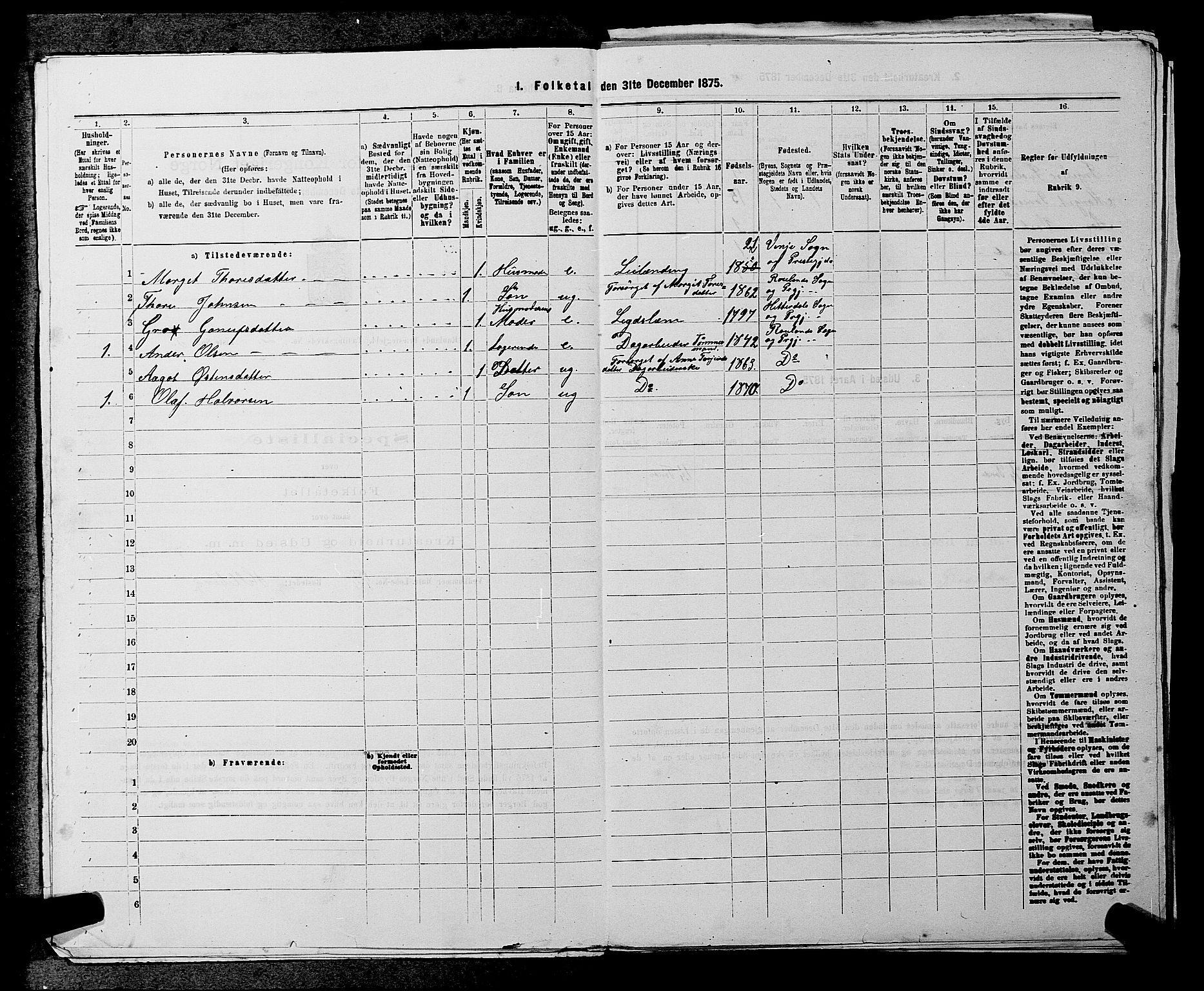 SAKO, 1875 census for 0835P Rauland, 1875, p. 101