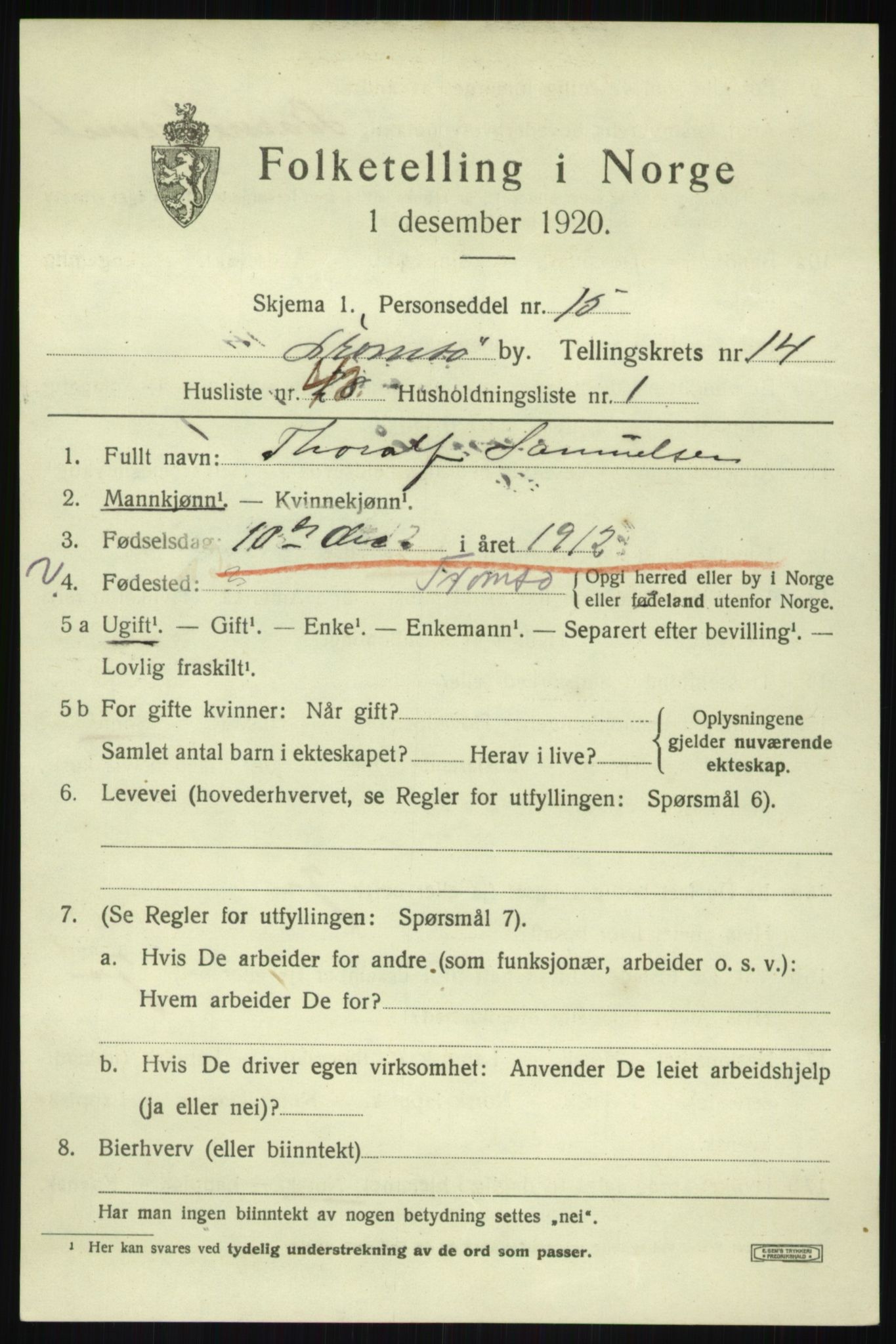 SATØ, 1920 census for Tromsø, 1920, p. 27085